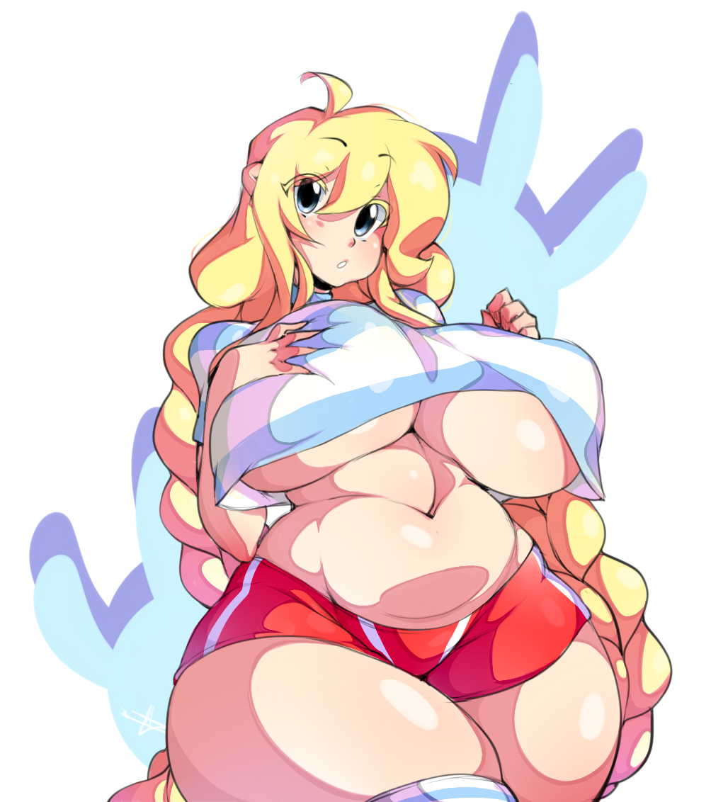 blonde hair, blue eyes, breast grab, breasts, cassie (theycallhimcake), dullahan, female, huge breasts, thick thighs, venusflowerart