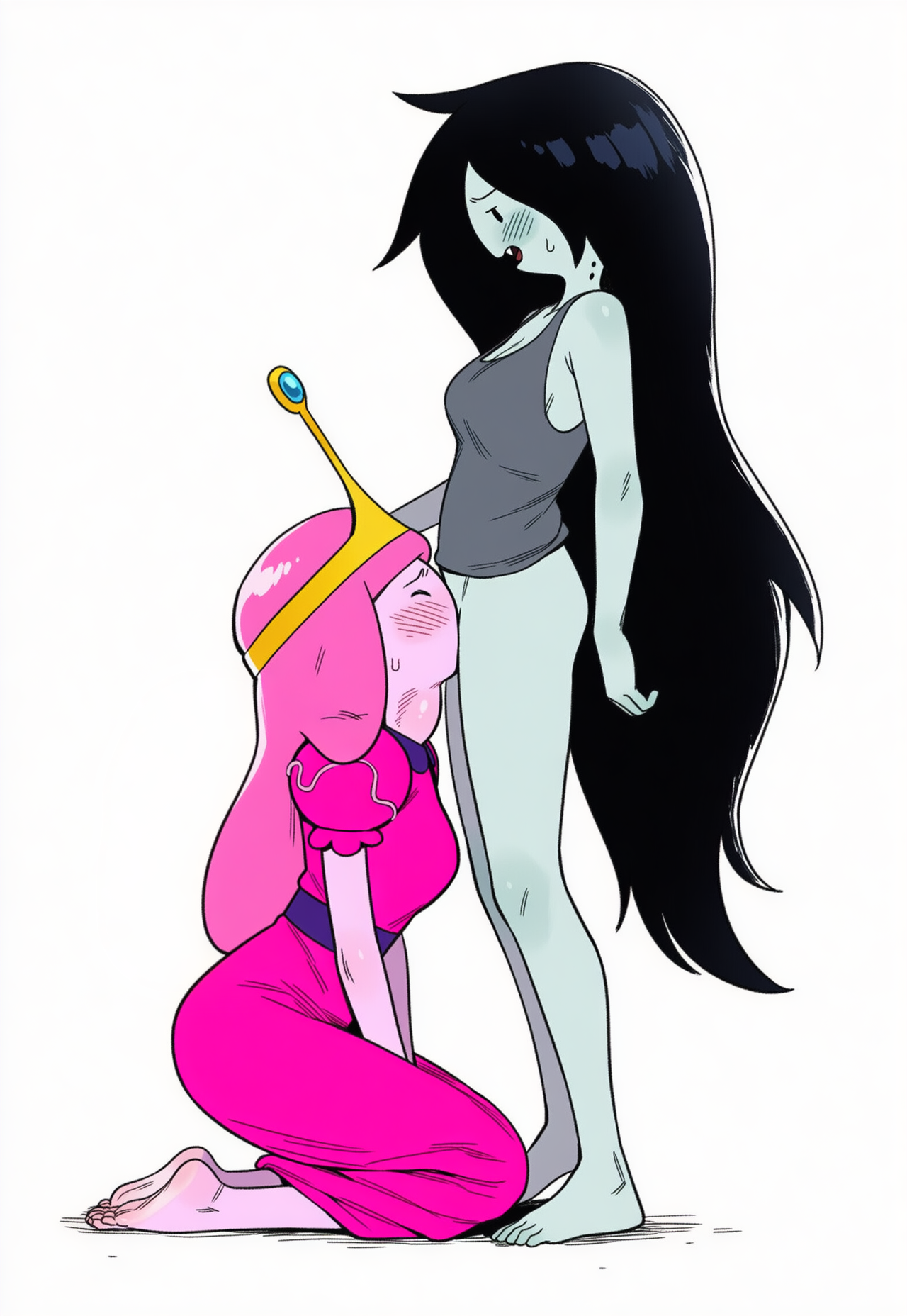 2girls, adventure time, ai generated, barefoot, black hair, bonnibel bubblegum, dark hair, dress, female focus, futanari, kneeling, legs, long hair, maircy, marceline, marceline abadeer, marceline the vampire queen, moan, moaning, oral, oral sex, pink hair, princess bonnibel bubblegum, princess bubblegum, small breasts, standing, throat bulge, throat fuck, yuri