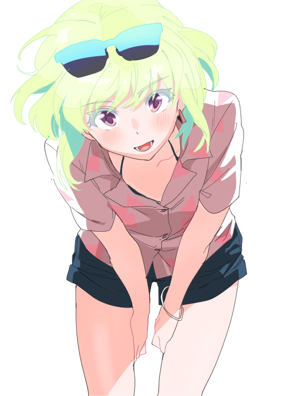 1boy, 1femboy, 2d, 2d (artwork), androgynous, bikini top, bob cut, clothed, clothing, crossdressing, femboy, femboy only, feminine faced male, feminine male, fully clothed, hands on thighs, happy, leaning forward, lio fotia, looking at viewer, male, male only, petite, petite body, petite male, pov, promare, questionable, sfw, short hair, short male, shorts, simple background, slim, slim male, slim waist, smiling at viewer, solo, solo male, suggestive, thin waist, twink, white background