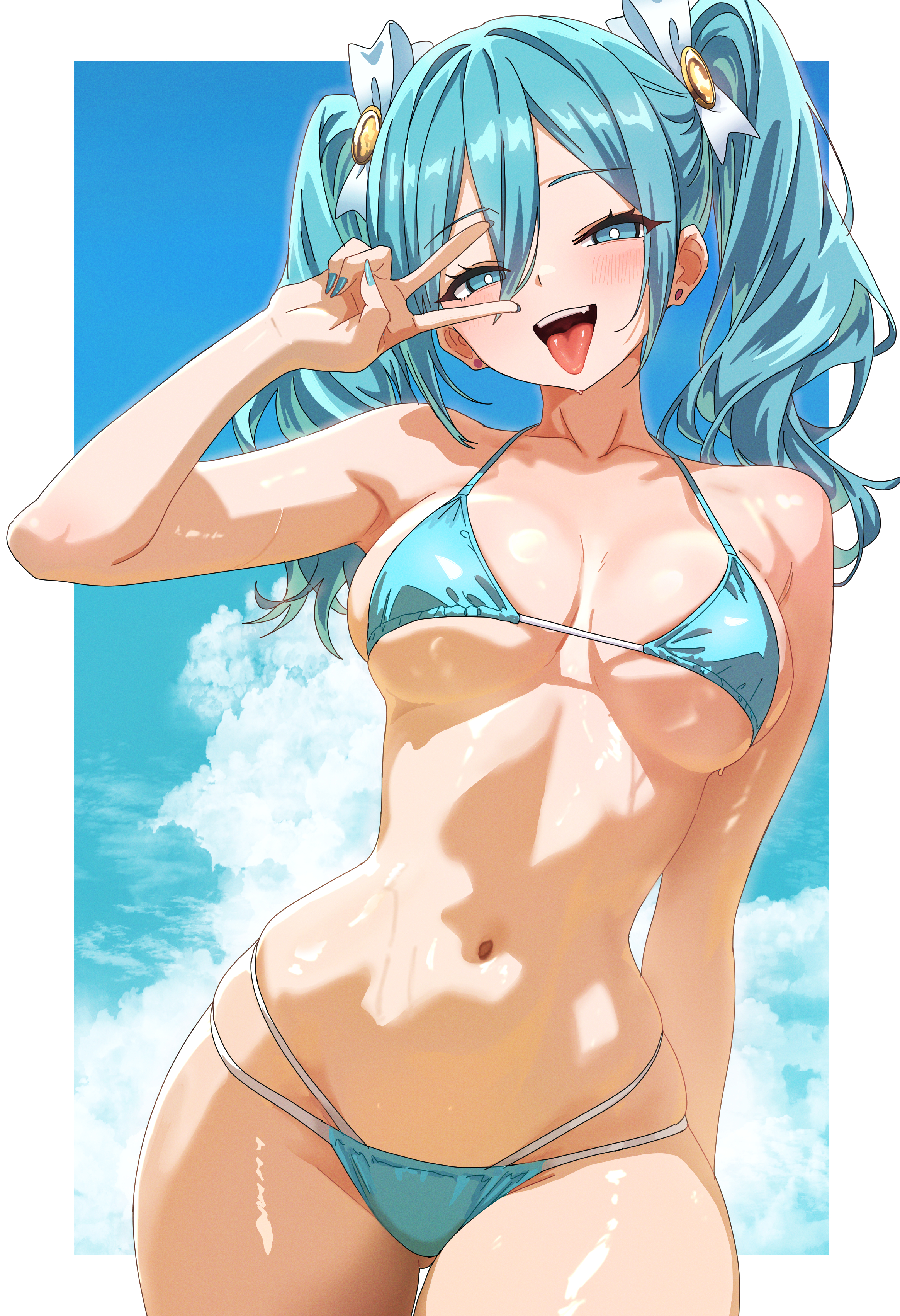 1girl, absurdres, aqua bikini, aqua nails, armpits, bikini, border, breasts, breasts apart, collarbone, commentary, cowboy shot, earrings, fingernails, gluteal fold, hair between eyes, halterneck, hatsune miku, highres, jewelry, looking at viewer, medium breasts, nail polish, navel, outside border, skindentation, solo, stomach, string bikini, stud earrings, swimsuit, thighs, twintails, v, v over eye, vocaloid, white border
