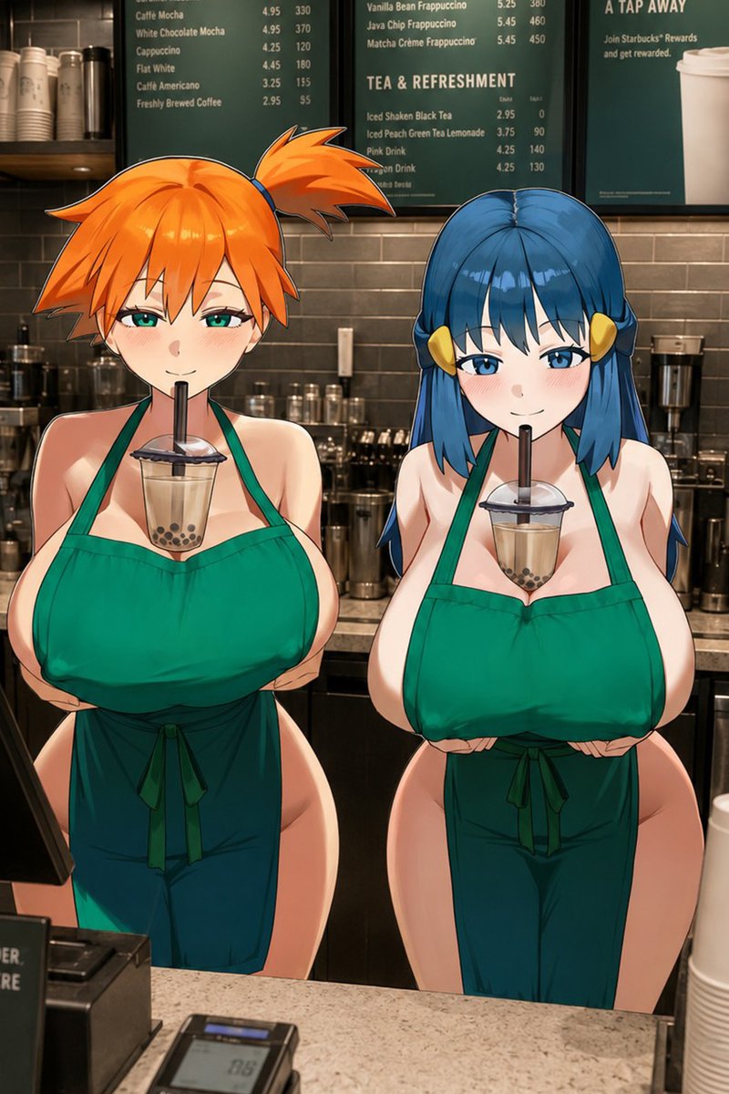 2girls, ai generated, alternative bust size, apron, asymmetrical hair, bare shoulders, blue eyes, blue hair, blush, boba tea, boba tea challenge, breast hold, breast lift, breasts, brick wall, bubble tea, bubble tea challenge, busty, cafe, circle ueponzu, cleavage, closed mouth, clothing, covered erect nipples, cup, dawn (pokemon), disposable cup, drink, drinking, drinking straw, drinking straw in mouth, erect nipples under clothes, female, green apron, green eyes, groin, hadaka apron, hair ornament, hairclip, huge breasts, iced latte with breast milk (meme), indoors, kasumi (pokemon), large breasts, long hair, looking at viewer, menu, menu board, misty (pokemon), multiple girls, object on breast, orange hair, pokemon, ponytail, short hair, side ponytail, smile, standing, thighs, tied hair