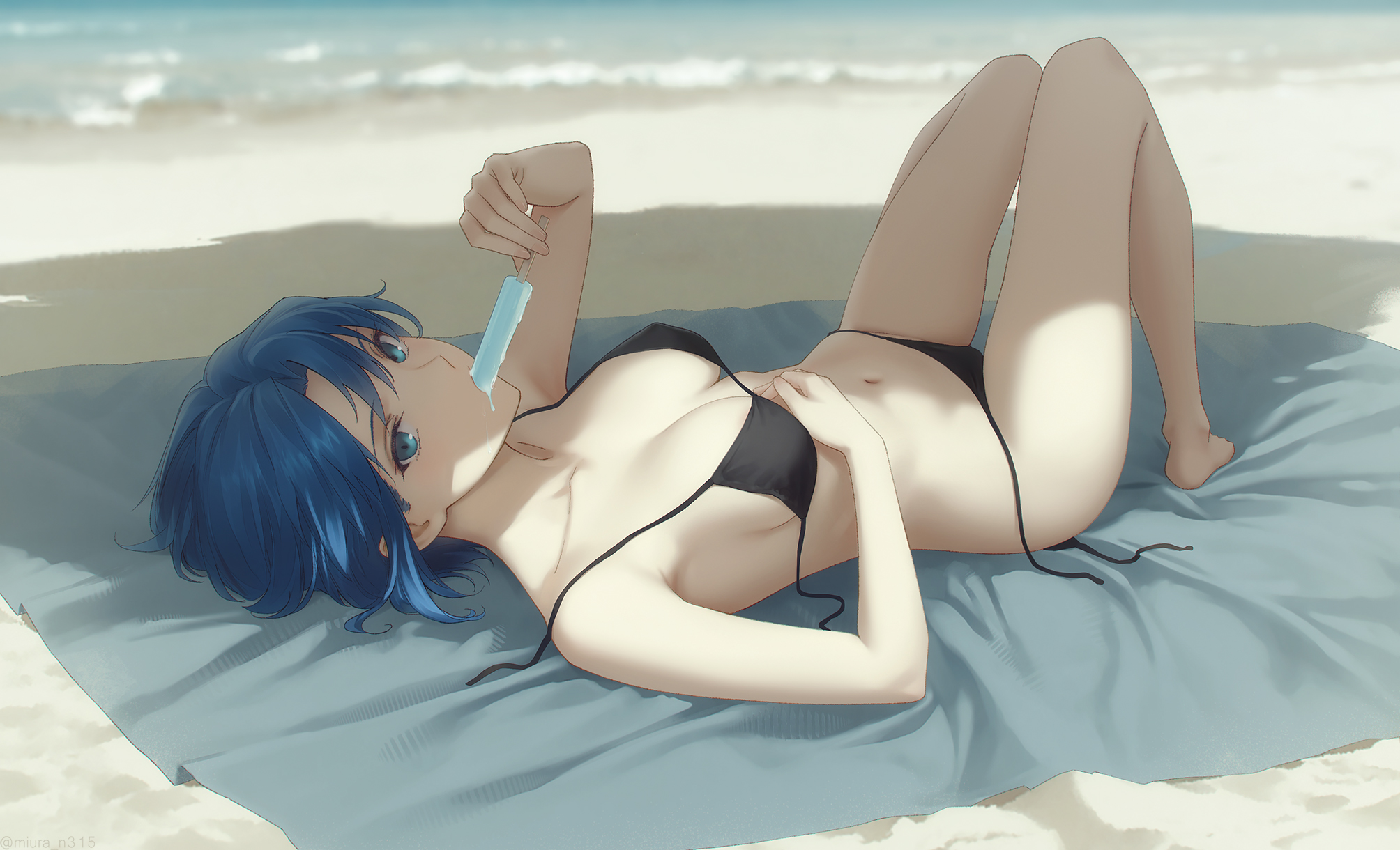 1girls, barefoot, beach, beach mat, bikini, black bikini, blue eyes, blue hair, breasts, ciel (tsukihime), collarbone, female, food, food in mouth, hand on own chest, highres, holding, ice cream, knees up, lying, miura-n315, navel, on back, popsicle, shadow, short hair, solo, swimsuit, tsukihime, untied bikini, water