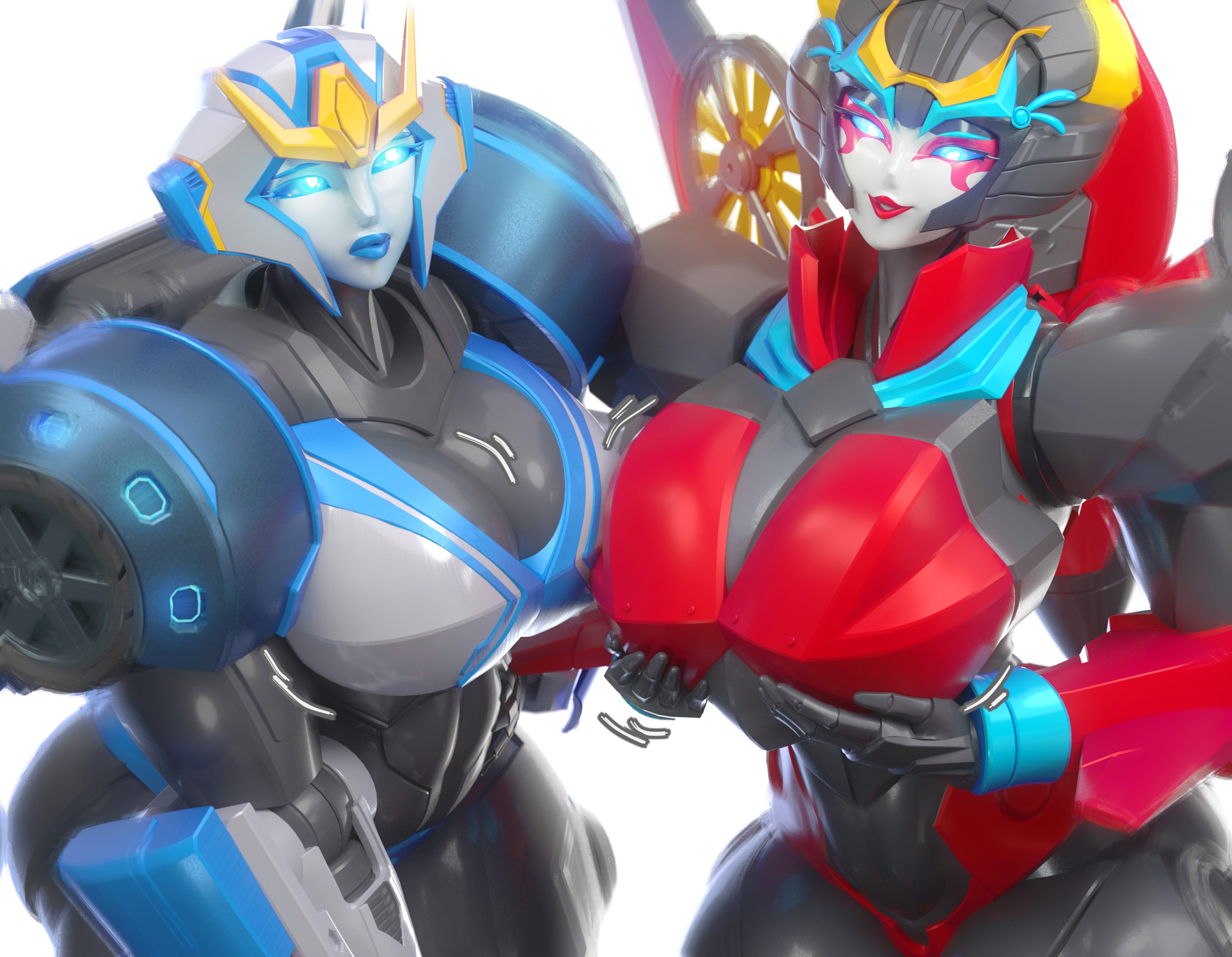 2girls, 3d, big breasts, large breasts, robot, robot humanoid, strongarm (transformers), transformers, transformers robots in disguise (2015), trawert, windblade, windblade (trawert)