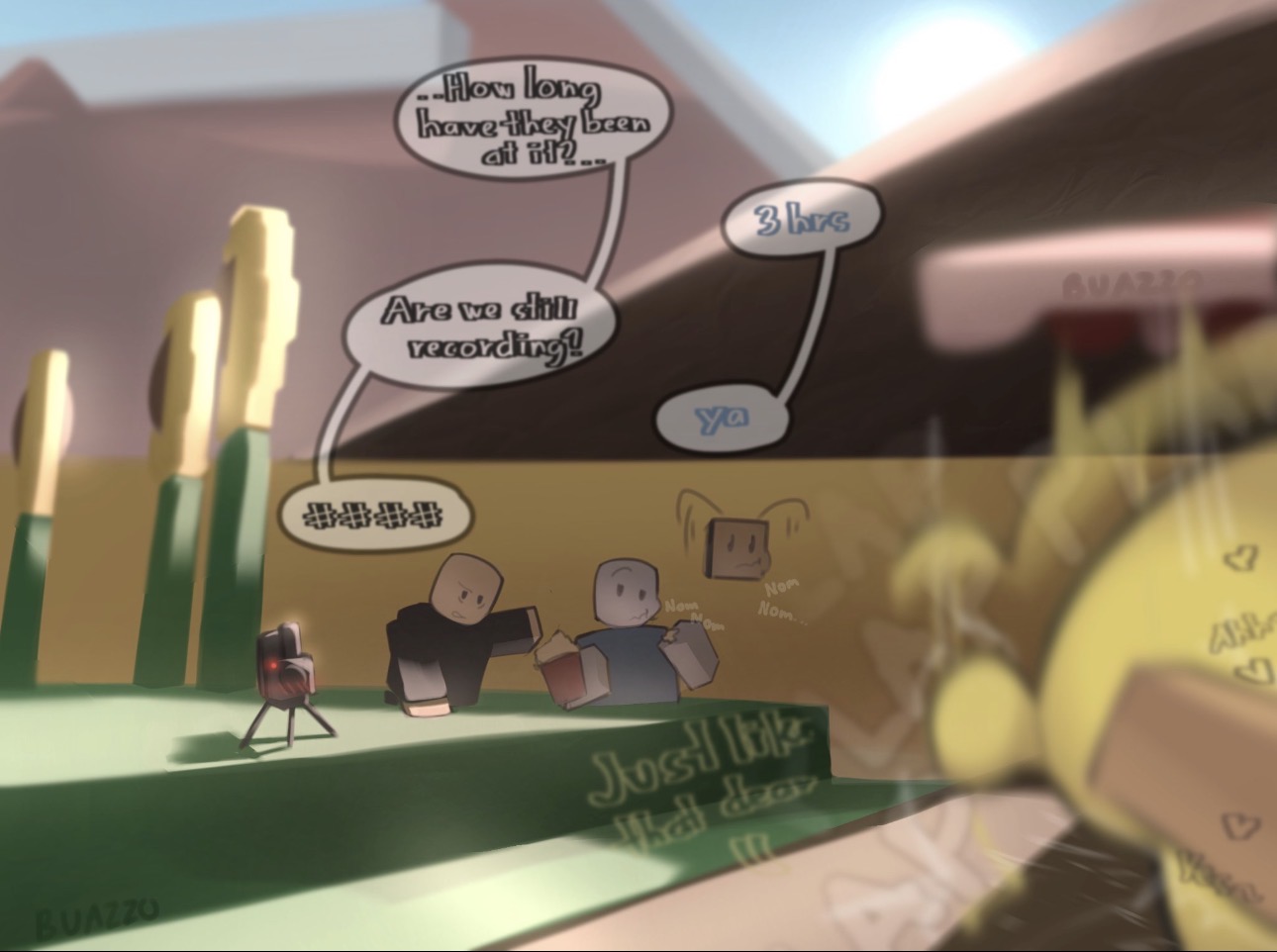 1futa, 1girls, 2d, 2d (artwork), anthro on human, background characters, bee, bee swarm simulator, blocky body, blushin, buazzo, cock, dialogue, eating food, english text, female, futa on female, futanari, host (roblox), male, mixed-tone, mixed-tone female, mother bear (bee swarm simulator), munching, news lady (roblox), now playing on roblox, recording, reporter, roblox, roblox game, robloxian, size difference, tagme, text, watching