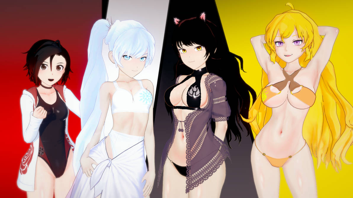 3d, 4girls, bikini, bikini bottom, bikini top, black hair, black hair female, blake belladonna, blonde female, blonde hair, blue eyes, half naked, half naked female, half-dressed, logang45, long hair, long hair female, purple eyes, ruby rose, rwby, silver eyes, team rwby, weiss schnee, white hair, white hair female, yang xiao long, yellow eyes