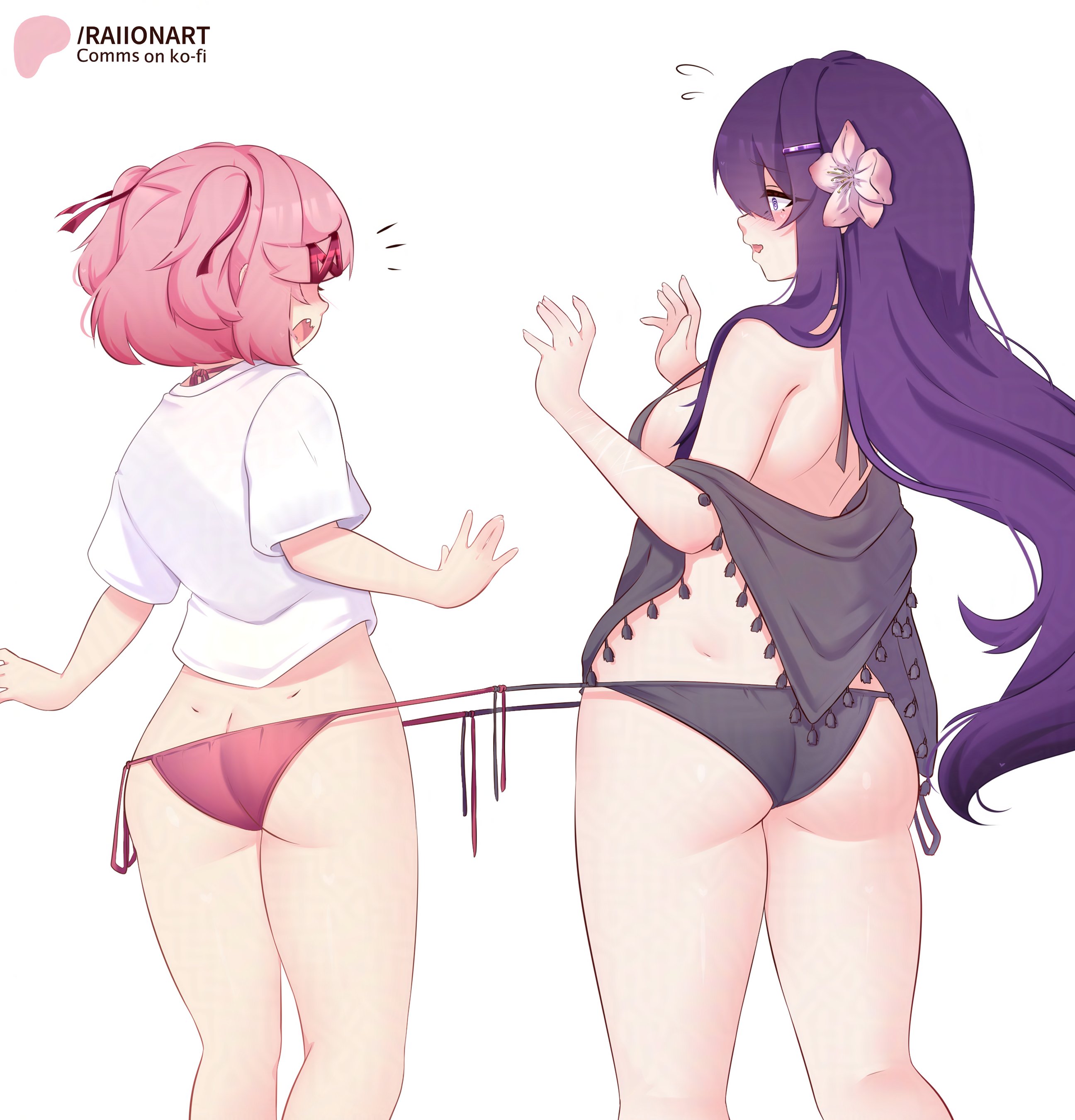 2girls, absurdres, alternate costume, bare shoulders, bikini, black bikini, bound together, breasts, ddlc, doki doki literature club, flower, hair ornament, hair ribbon, hairclip, highres, jpg, large breasts, long hair, multiple girls, natsuki (doki doki literature club), pink flower, pink hair, purple hair, questionable, raion (raionart), raionart, ribbon, serenity forge, shirt, short hair, short sleeves, side-tie bikini bottom, simple background, swimsuit, team salvato, two side up, white background, white shirt, yuri (doki doki literature club)