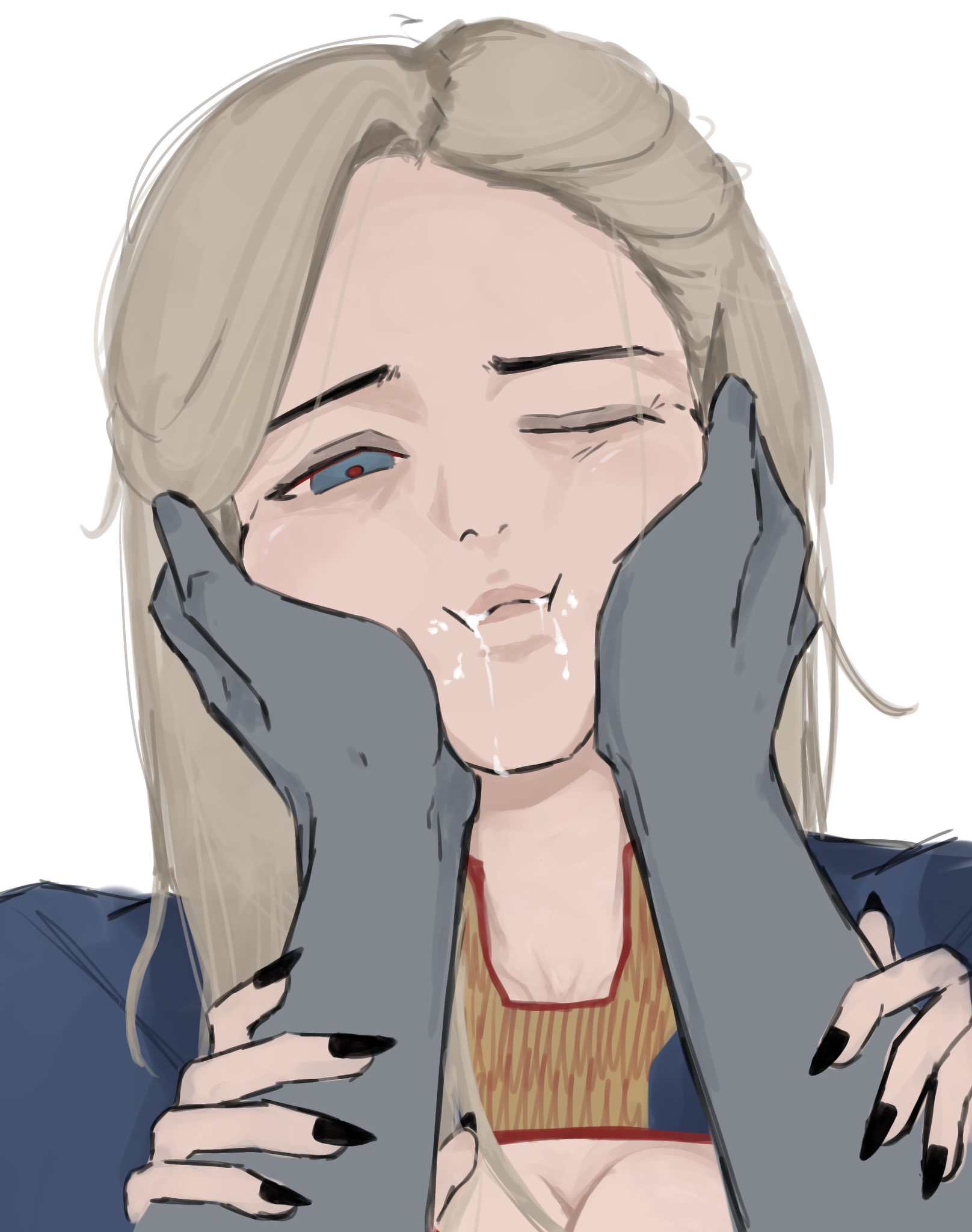 1girls, blonde hair, blue eyes, closed mouth, clothed, clothed female, clothing, color, cum, cum in mouth, female, female focus, female only, femlander, genderswap, genderswap (mtf), grey body, homelander, light skin, looking at viewer, open eyes, pov, rule 63, simple background, the boys, twitter link, white background
