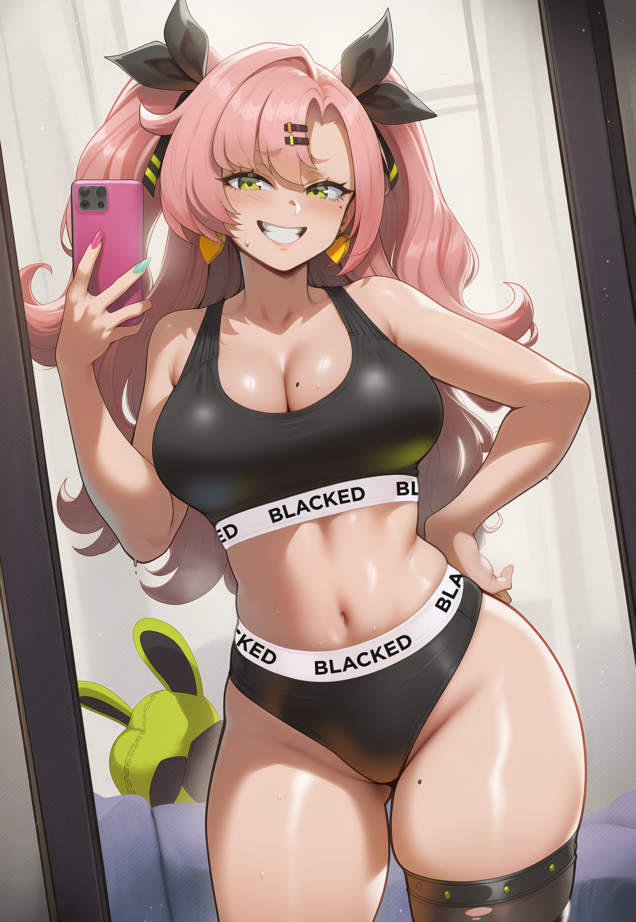1girls, ai generated, asian female, big breasts, blacked, blacked clothing, breasts, cellphone, cleavage, confident smile, curvy, female, female focus, female only, grin, hair ribbon, hairclip, hoyoverse, light skin, light-skinned female, looking at viewer, mihoyo, mirror selfie, mole on breast, nicole demara, pink hair, samsara ai, selfie, solo, voluptuous, voluptuous female, zenless zone zero