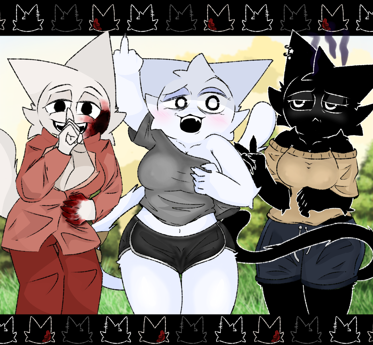 2p wenda, at, big, blood on face, breasts, cat, catgirl, clothed, ears, eyelashes, eyeshadow, female, furry, girl, lifting, look, looking, mouth, open, shirt, sprunki, sprunki 2p (sprunki mod), sprunki oc, suggestive, suit, tail, teasing, tits, underwear, viewer, wenda (sprunki)