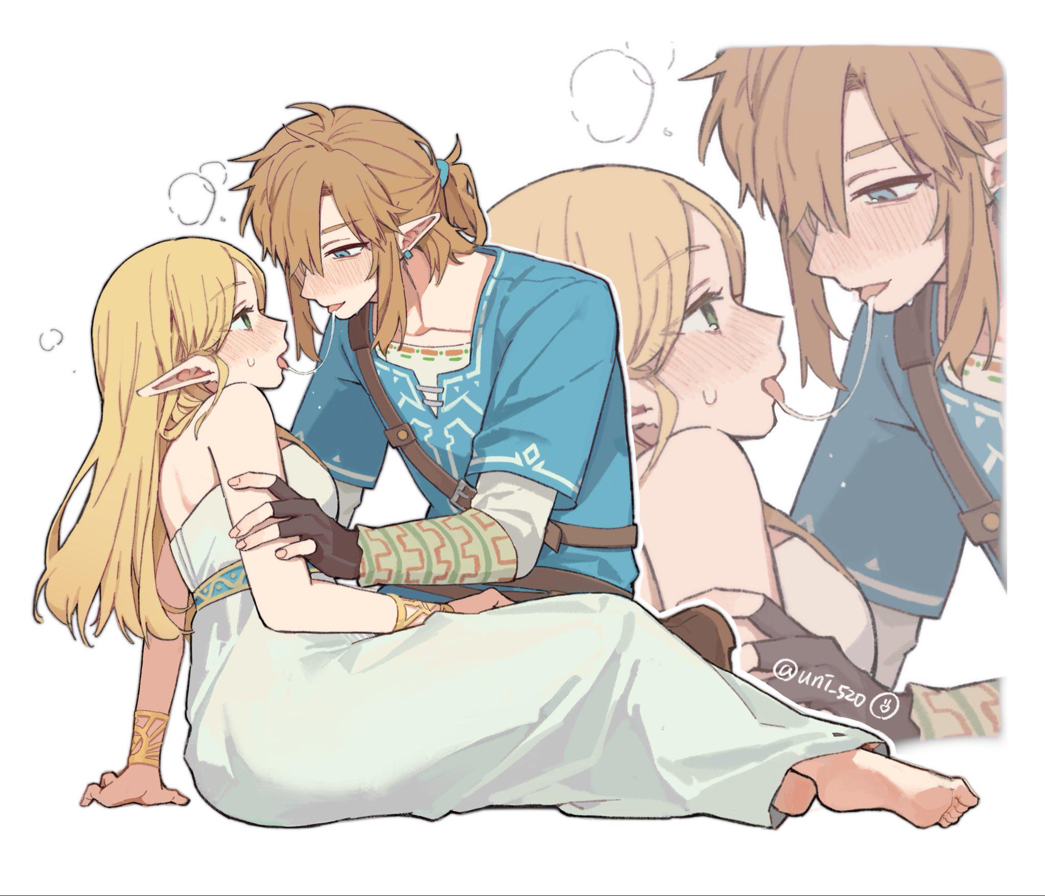artist signature, bare shoulders, barefoot, blonde hair, blush, breath of the wild, dress, drool string, feet, fully clothed, highres, kissing, link, link (breath of the wild), looking at another, open mouth, pointy ears, princess zelda, simple background, steam, the legend of zelda, tongue out, tunic, uni 520, white background, wholesome, zelda (breath of the wild)