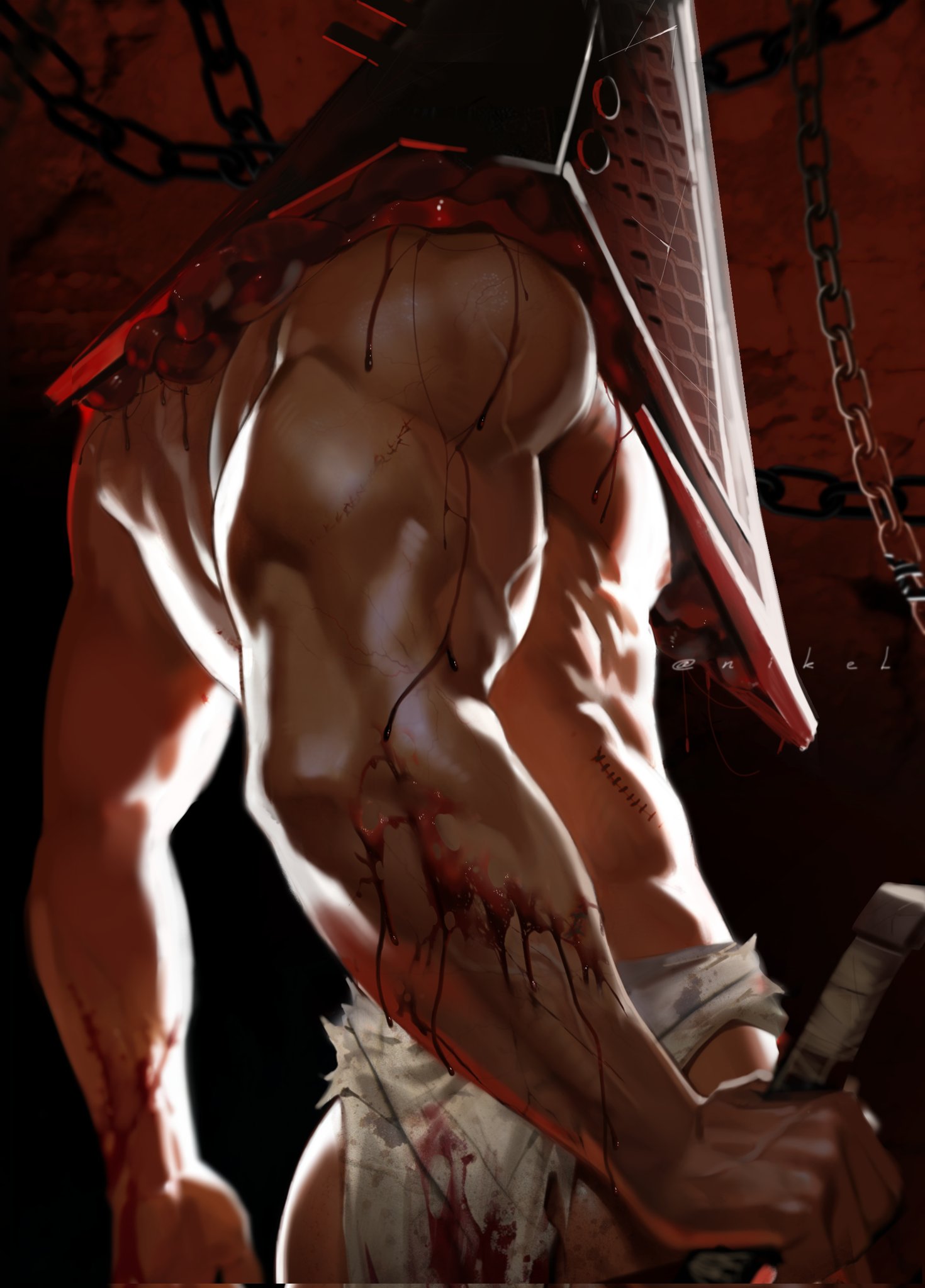 1boy, blood, blood stain, bloody clothes, half naked, loincloth, male, male focus, male only, muscles, muscular, muscular arms, muscular male, pyramid head, silent hill, silent hill 2, solo, solo focus, solo male, toned, toned body, toned male, topless, upper body