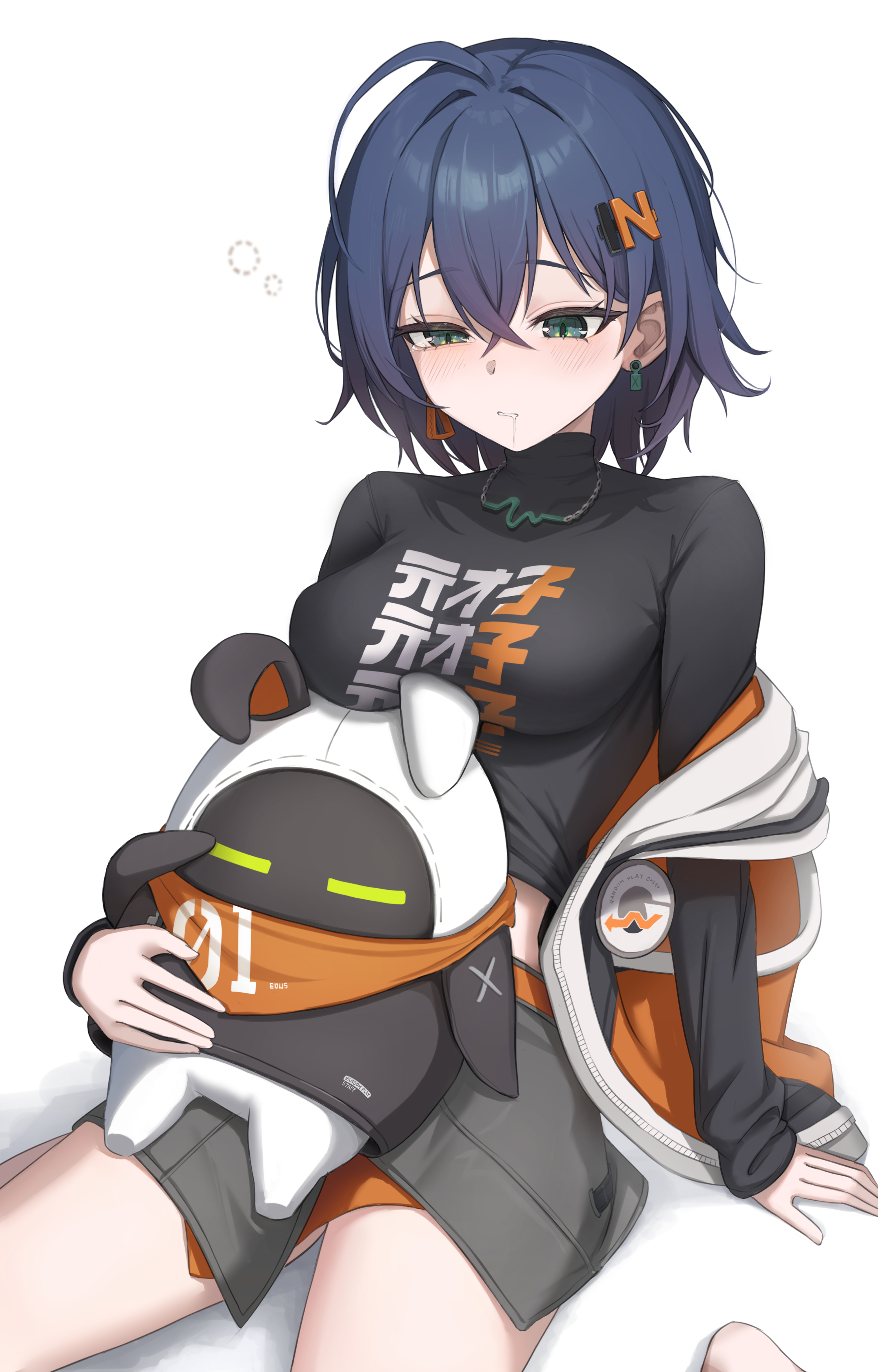 1girl, 1girls, absurd res, bangboo (zenless zone zero), belle (zenless zone zero), blue hair, blush, breast rest, breasts, cowboy shot, crossed bangs, drooling, earrings, eous (zenless zone zero), female, green eyes, hair between eyes, highres, icetea art, jewelry, looking down, medium breasts, midriff, nipples, saliva, short hair, sidelocks, simple background, sleepy, solo, solo focus, squeans, tired, white background, zenless zone zero