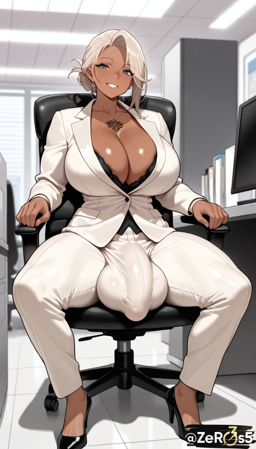 1futa, ai generated, big balls, big breasts, big penis, bulge, bulge through clothing, dark-skinned futa, flaccid, flaccid penis, futanari, high heels, huge cock, hyper genitalia, hyper penis, large penis, saggy balls, sitting on chair, thick thighs, tight clothing, tight pants, visible