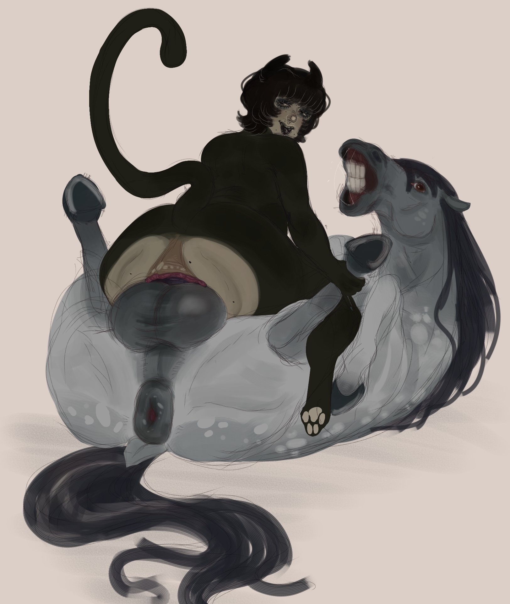 1boy, 1girls, anal, anal sex, back view, backboob, black body, black fur, black hair, black lipstick, cat ears, catgirl, chubby female, feral, feral on female, feral penetrating, girl on top, horse, horsecock, large ass, large breasts, leg grab, oc, original, original character, riding penis, short hair, stinkshanoalova