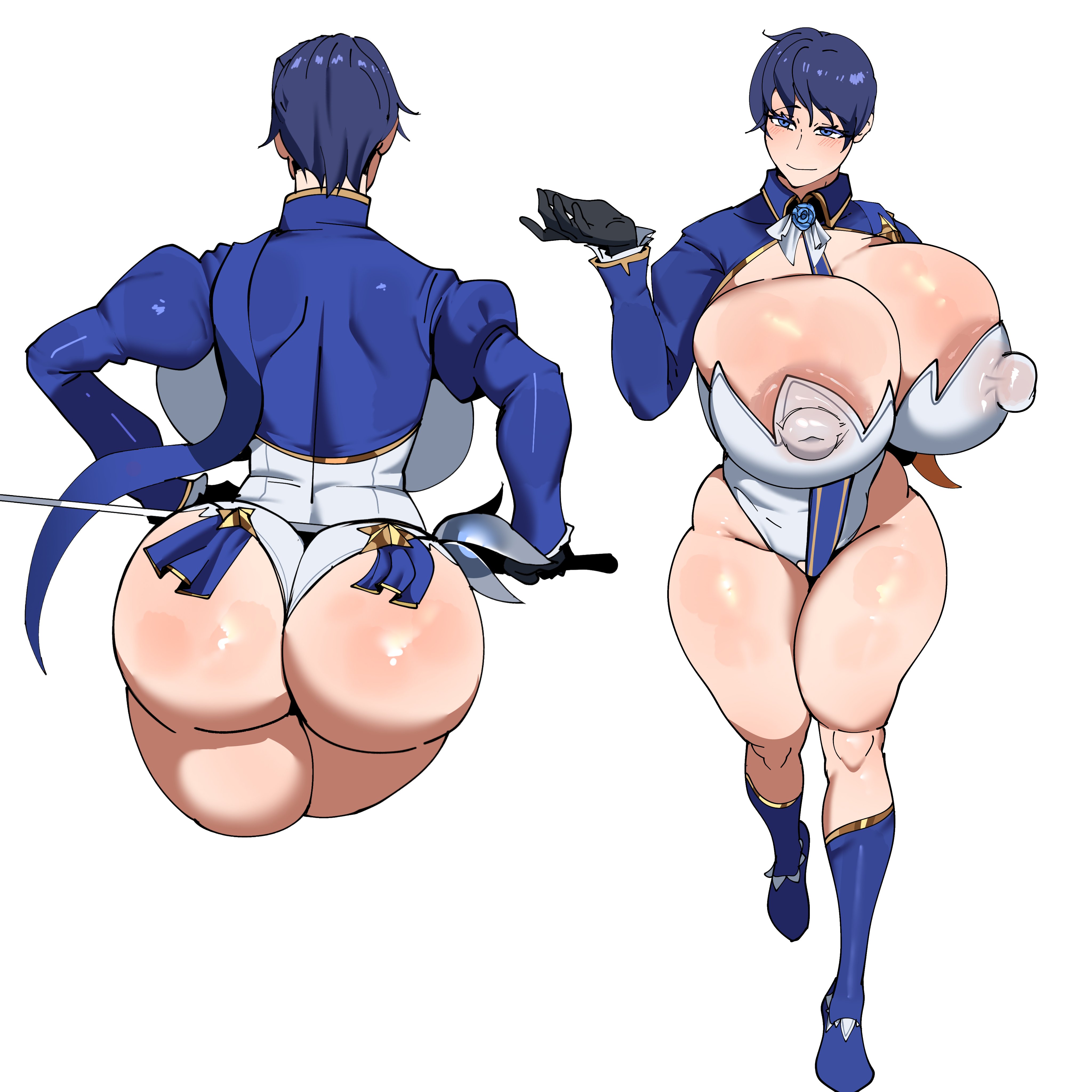 1girls, areola slip, ass, black gloves, blue eyes, blue hair, bubble butt, curvy, female, female only, gigantic breasts, huge ass, huge breasts, multiple views, original, puffy nipples, rapier, shinhyunxi, short hair, simple background, smile, sword, thick, thick thighs, thighs, white background