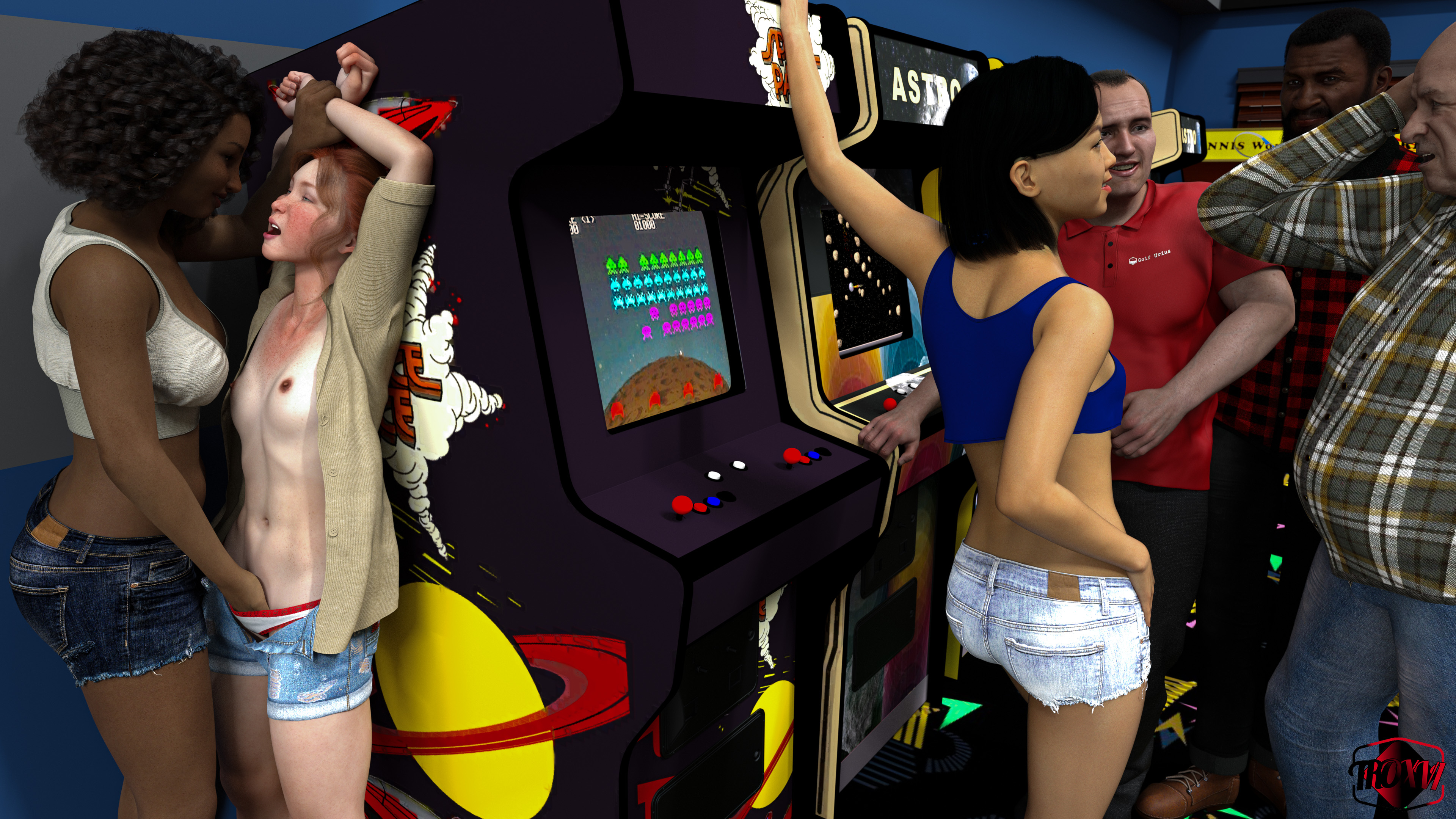 3boys, 3girls, arcade, arm grab, arms above head, asian, asian female, black hair, black-haired female, blue eyes, blue-eyed female, blush, blushing, breasts, breasts out, brunette, brunette female, carl (troxvi), dark skin, dark-skinned female, dark-skinned male, denim, denim shorts, distracted, fat male, fingering, fingering partner, freckles, fred (troxvi), friends, ginger, ginger female, ginger hair, hana (troxvi), hand in another's panties, hand in panties, henry collins (troxvi), hidden sex, human, human only, humiliation, interracial, lesbian sex, light skin, light-skinned female, light-skinned male, looking pleasured, multiple girls, nipples, no bra, oblivious, old male, one-piece tan, open clothes, open mouth, open shirt, orgasm face, original, original character, panties, petite, petite body, petite female, pleasure face, public, public nudity, public sex, red hair, redhead, redhead female, restrained, rori collins (troxvi), self upload, sex, small breasts, space invaders, standing, stealth sex, stepdaughter, stepfather, tanline, teenage female, teenage girl, teenager, tianna (troxvi), troxvi, unaware, vaginal fingering, young, young female, yuri