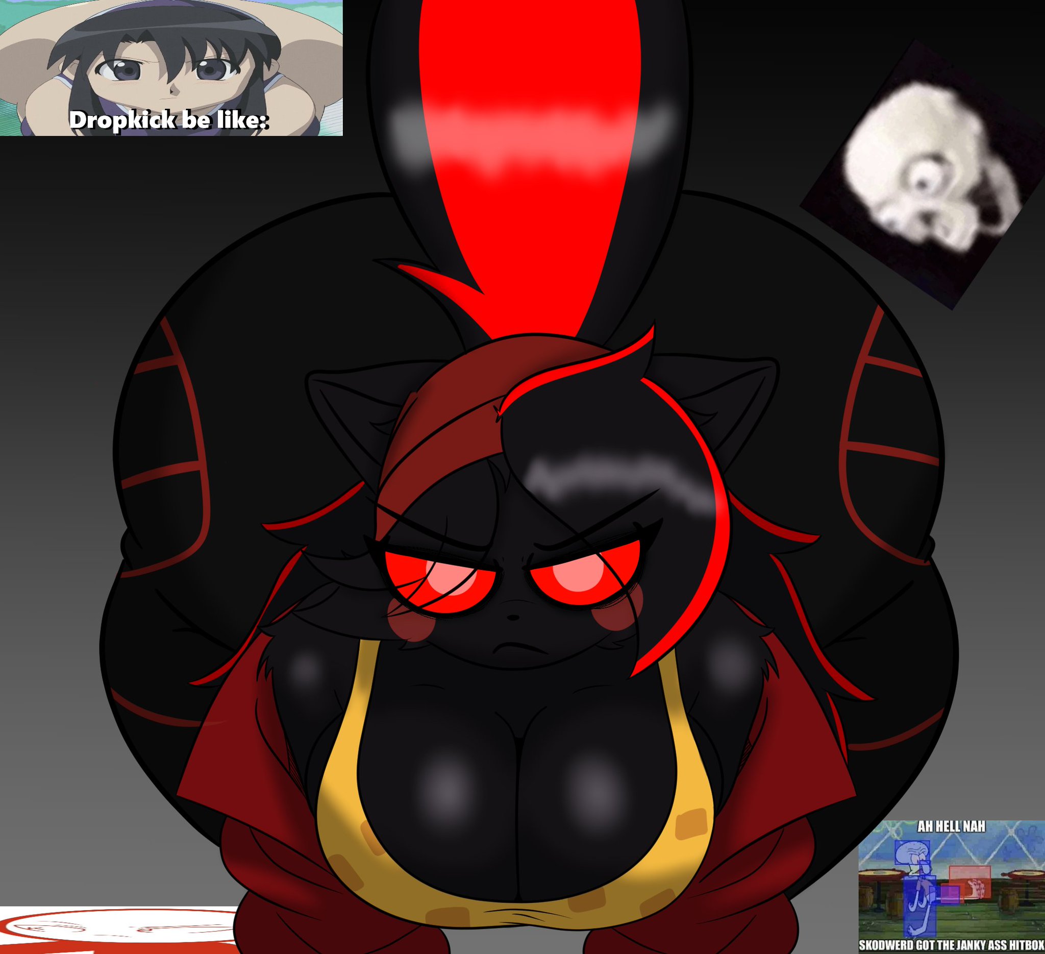 all fours, angry, anthro, bent over, big ass, big butt, big thighs, black fur, black tail, domestic cat, feline, female, frown, frowning at viewer, giant ass, looking at viewer, meme in the background, please look forward to it, pursuitcore, red eyes, red highlights, red sleeves, roblox, roblox game, solo, tac nayn, tac9 (pursuitcore), thick thighs, white pupils, xionthedog, yellow bra