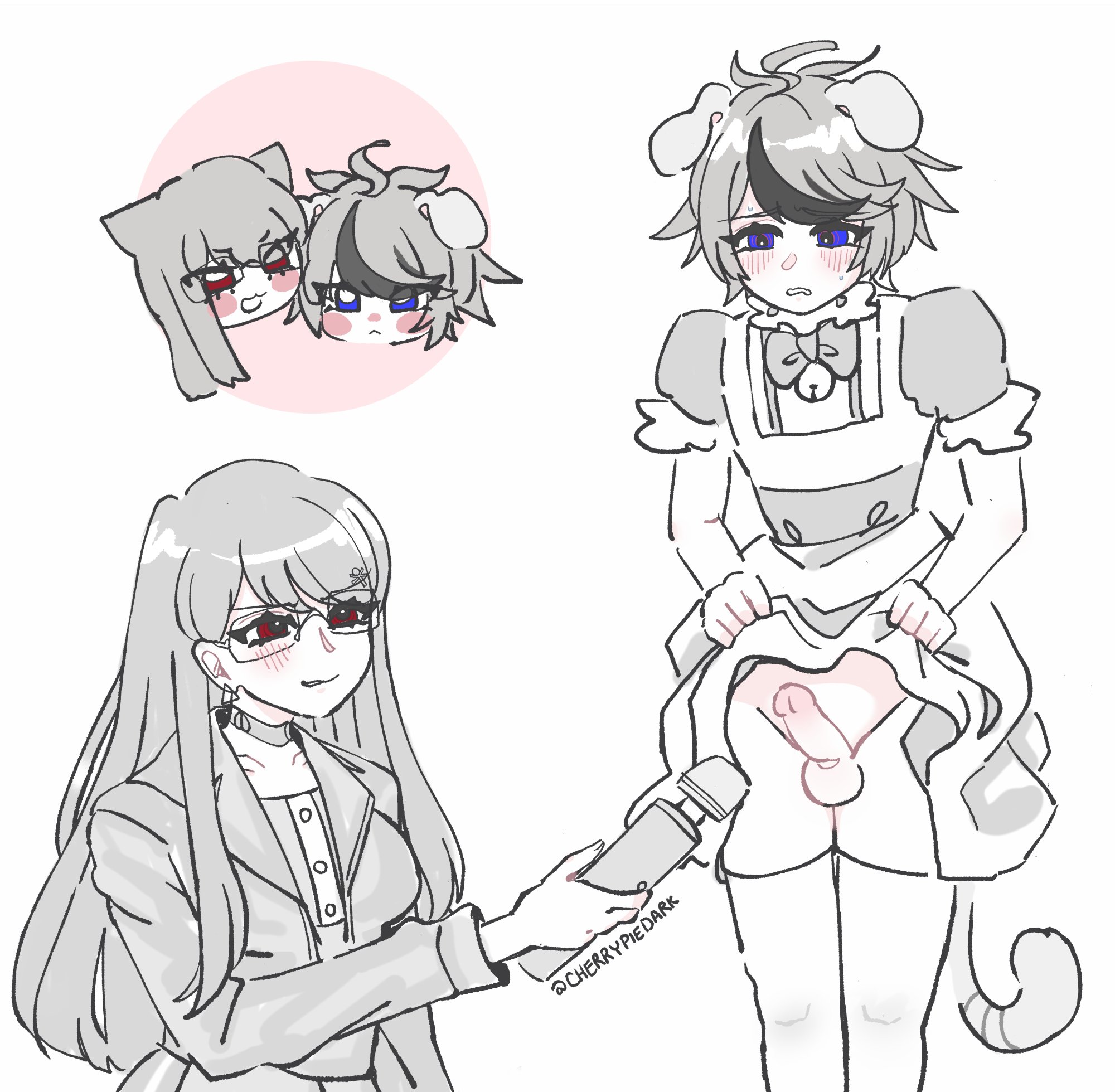 1boy, 1boy1girl, 1girls, average sized penis, blush, cat ears, dog ears, dogboy, femboy, femdom, glasses, hiruko shizuhara, licking lips, lifting shirt, lifting skirt, maid dress, malesub, nervous, sex toy, shizuhara hiruko, smug face, sumino takumi, takumi sumino, the hundred line -last defense academy-, vibrator
