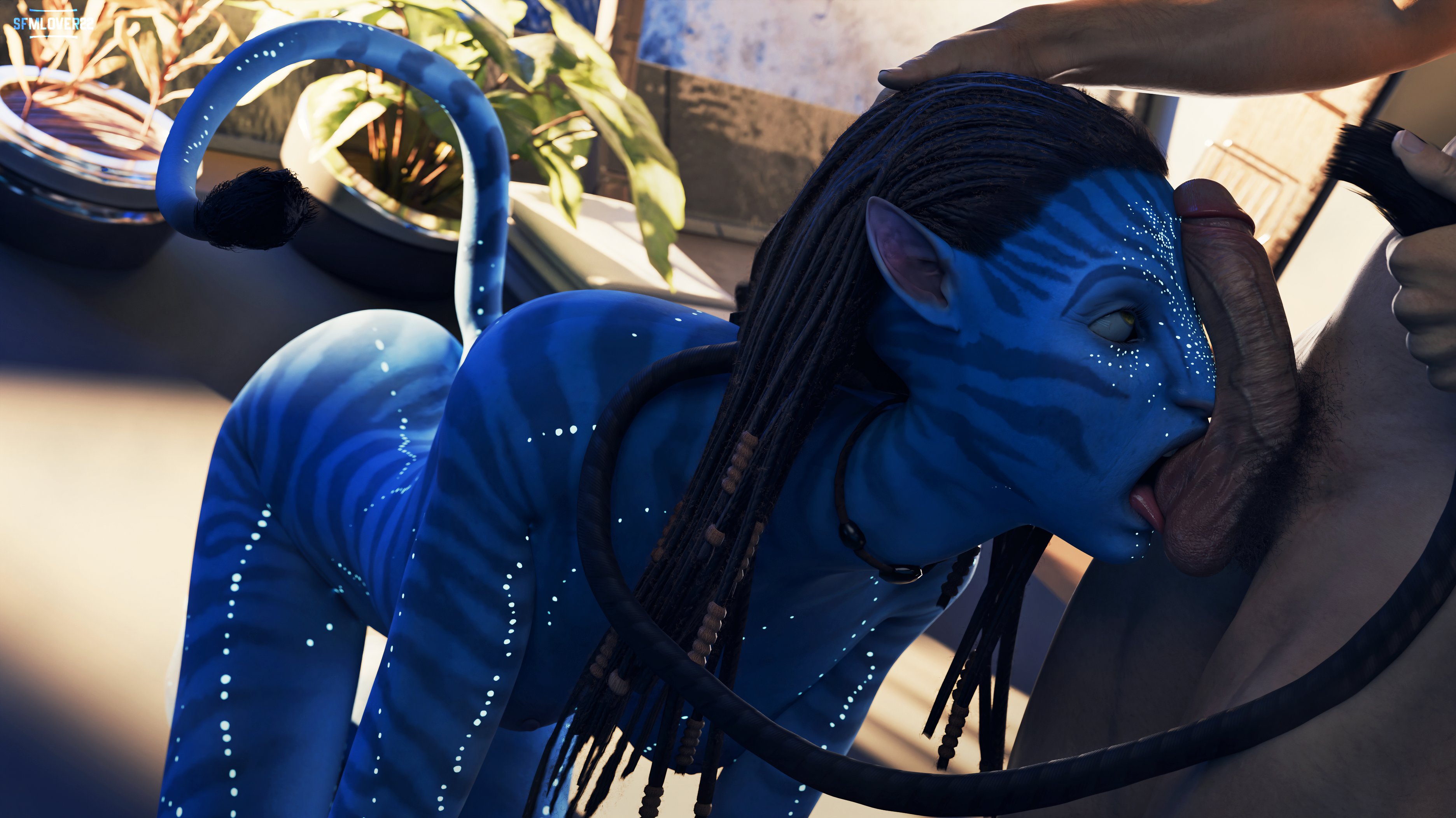 1boy, 1girls, 3d, alien, avatar, balls, black hair, blue skin, breasts, collar, erection, female, femsub, human, leash, licking balls, male, maledom, na'vi, neytiri, nipples, oral, penis, sfmlover22