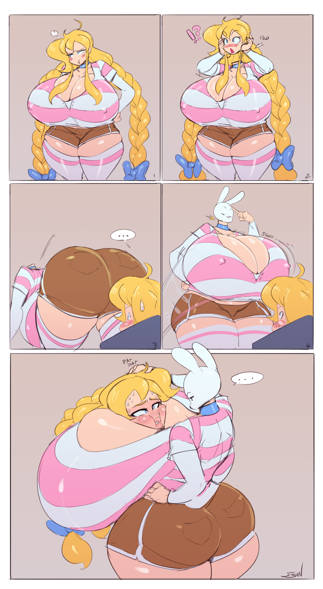 !?, ass, big ass, bimbo, blonde hair, bow, braid, braided hair, breasts, cassie (theycallhimcake), choker, cleavage, comic, dsan, dullahan, female, huge ass, huge breasts, hyper, hyper breasts, rabbit, thick thighs, twin braids