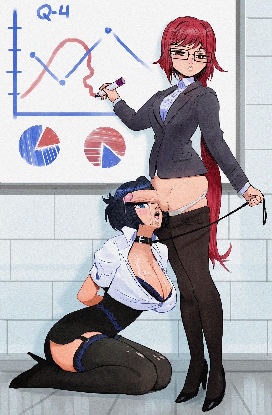 1girl1futa art_therapist big_breasts blush blushing blushing_female business_attire business_suit business_woman collar commission freckles freckles_on_face futa_on_female futanari garter_belt glasses hands_behind_back high_heels kneeling leash leash_pull leggings leggings_down mouth_open original original_character original_characters penis penis_on_face penis_out red_hair