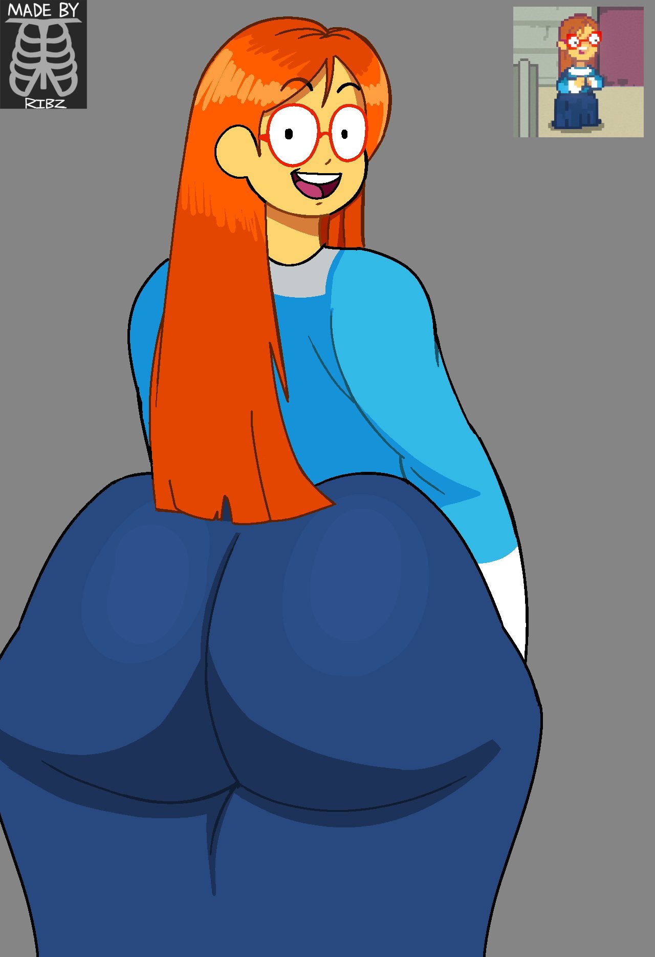 1girl, 1girls, ass, ass bigger than head, ass focus, ass up, ass visible through clothes, bubble ass, bubble butt, butt, butt bigger than head, butt focus, clothed, clothing, dumptruck ass, dumptruck butt, fat ass, fat butt, female, female only, glasses, huge ass, huge butt, kindergarten (game), kindergarten 3, looking back, looking back at viewer, ms. lovelett, open smile, presenting, presenting ass, presenting butt, ribznsfw, smile, smiling, smiling at viewer, teeth, thick ass, thick butt, thick hips, thick thighs, thicker than a bowl of oatmeal, tongue, yellow skinned female