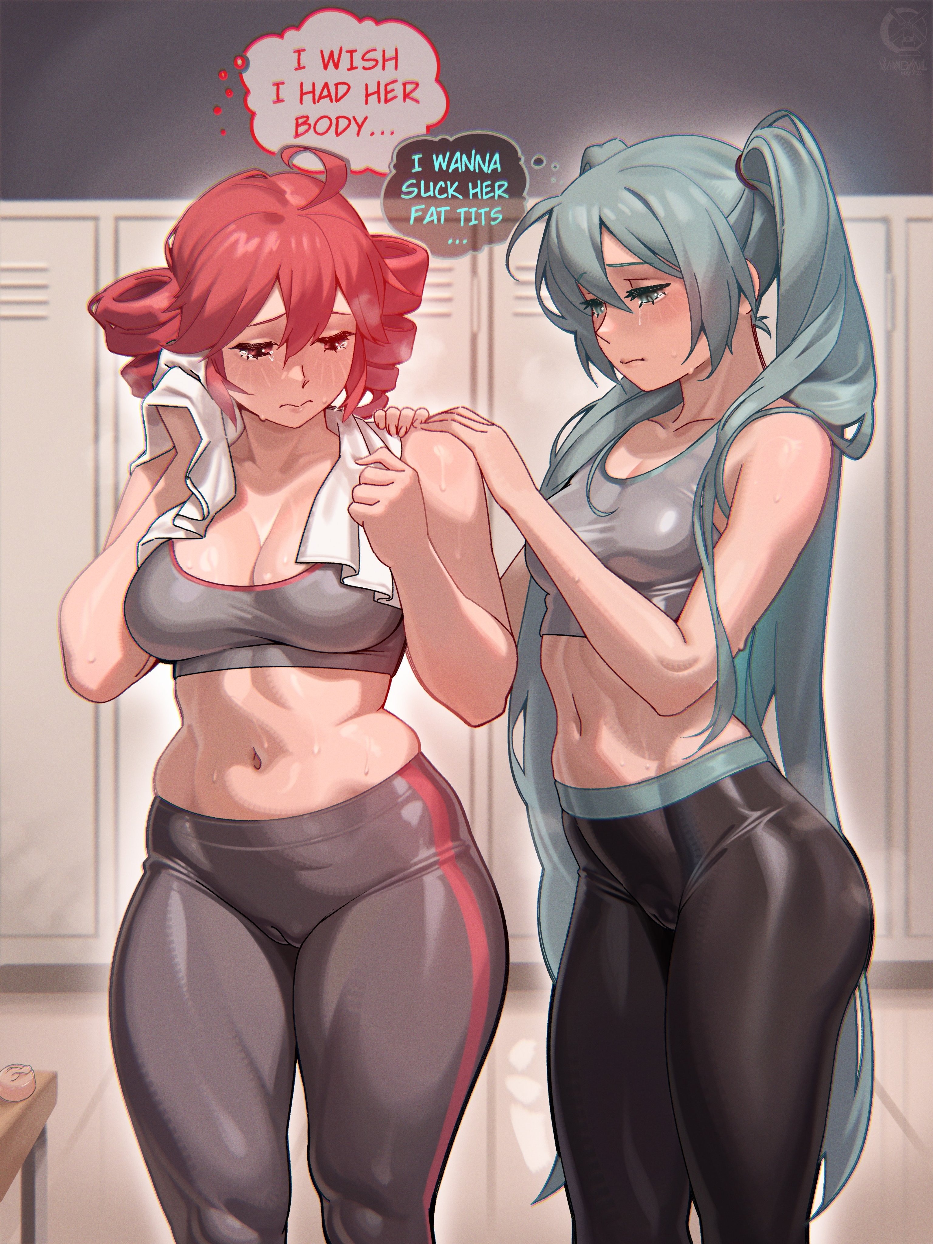2girls, ahoge, aqua hair, belly, big breasts, blush, body envy, breast size talk, breasts, cameltoe, cleavage, curvy, drill hair, english text, envy, female, female only, gym, gym uniform, hatsune miku, hips, i wish i had her body (meme), insecure, kasane teto, leggings, lesbian, light skin, light-skinned female, locker room, long hair, meme, navel, red hair, short hair, size talk, sports bra, sportswear, stomach, text, thought bubble, tight clothing, topwear, towel, twintails, utau, vocaloid, voluptuous, waist, windmill (artist), yuri