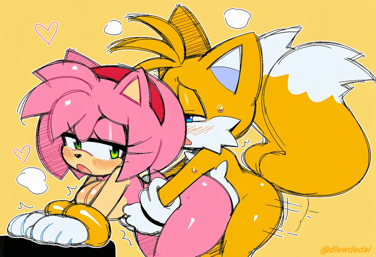 1boy, 1girls, ai assisted, ai generated, amy rose, dlewdedai, from behind position, sonic (series), sonic the hedgehog (series), tails the fox