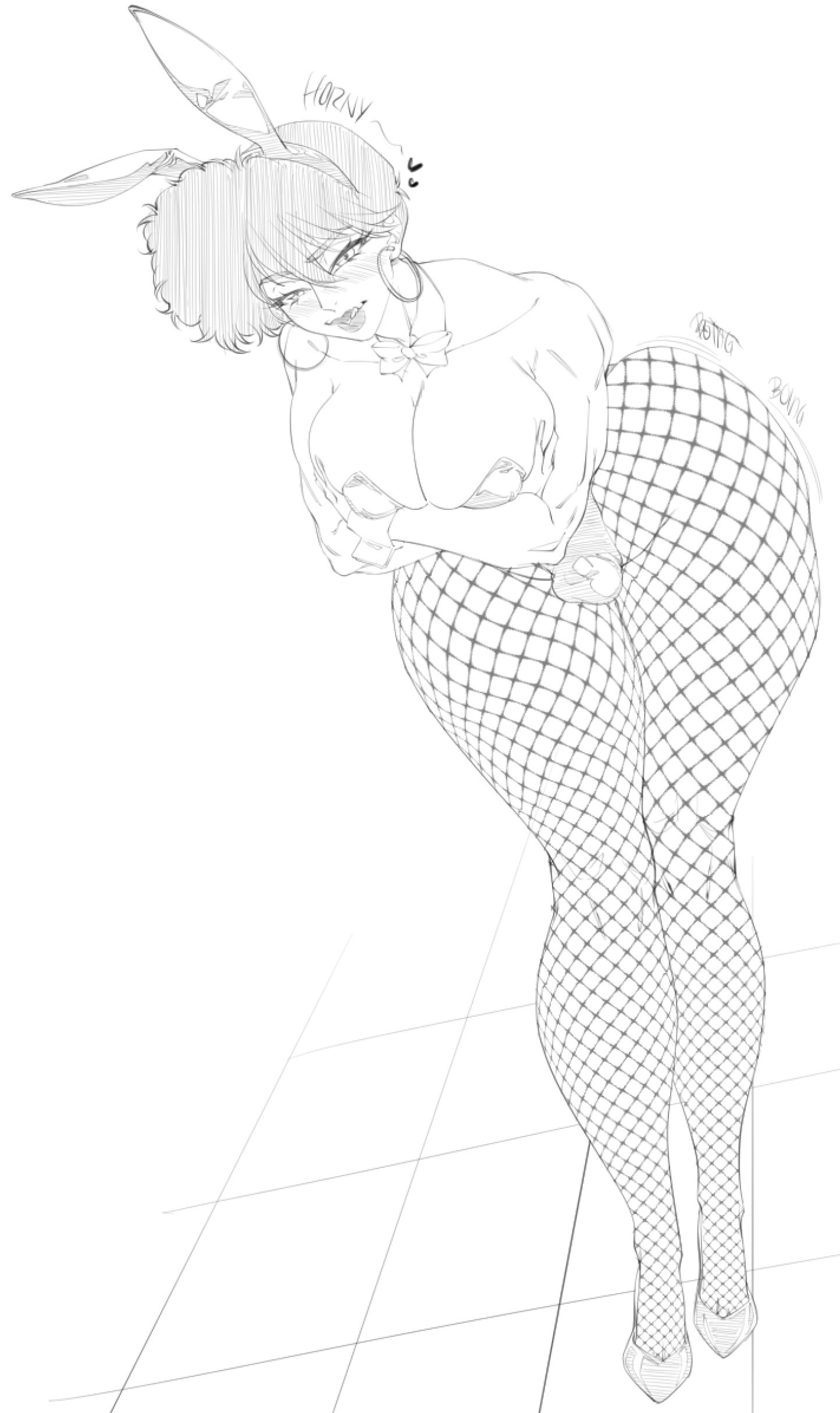 big breasts, breasts, bunny ears, bunnysuit, earrings, fishnet legwear, fishnet stockings, futa, futanari, makeup, penis bulge, ranma 1/2, sketch, small penis, stockings, suiren ciao, tatewaki kuno, thick thighs