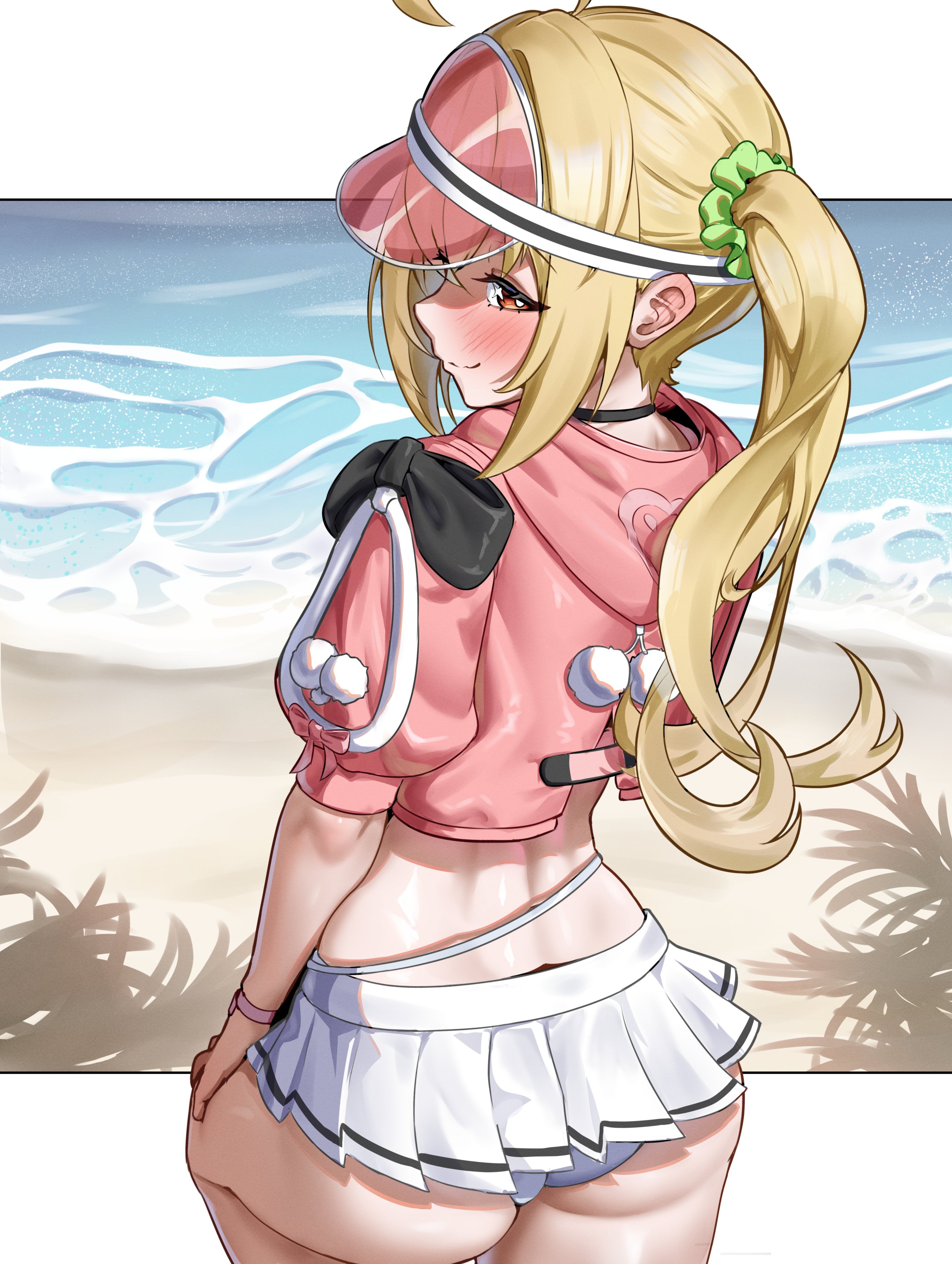 1girls, absurd res, ass, ass cleavage, big ass, blush, female, female focus, female only, highres, light skin, light-skinned female, looking at viewer, looking back, luciana de montefio, luciana de montefio (princess on holiday), official alternate costume, side ponytail, skirt, smile, solo, thick thighs, thighs, visor cap, zancrowkami, zenless zone zero