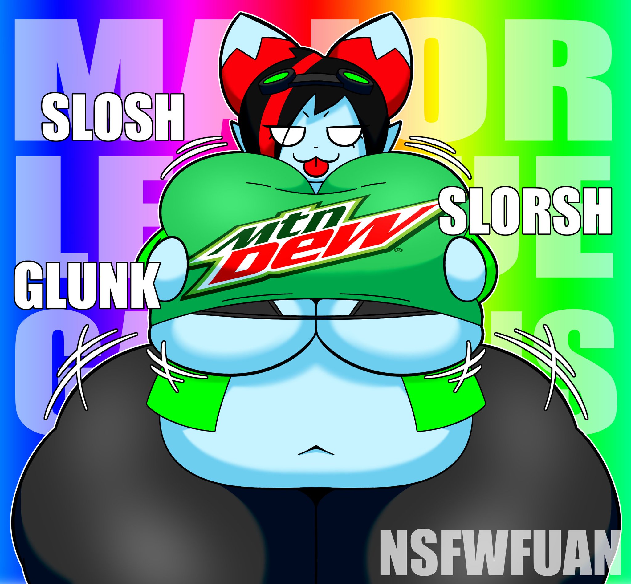 :3, anthro, bedroom eyes, big ass, big belly, big breasts, black bra, black pants, blue fur, domestic cat, eyewear, eyewear on head, feline, giant ass, giant breasts, green shirt, half-closed eyes, impact (font), jiggling breasts, lolcat (species), looking at viewer, mikaela (pursuitcore), movement lines, nsfwfaun, onomatopoeia, pursuitcore, rainbow background, squeezing breast, squeezing breasts together, thick ass, thick thighs, tongue, tongue out, underboob, white eyes