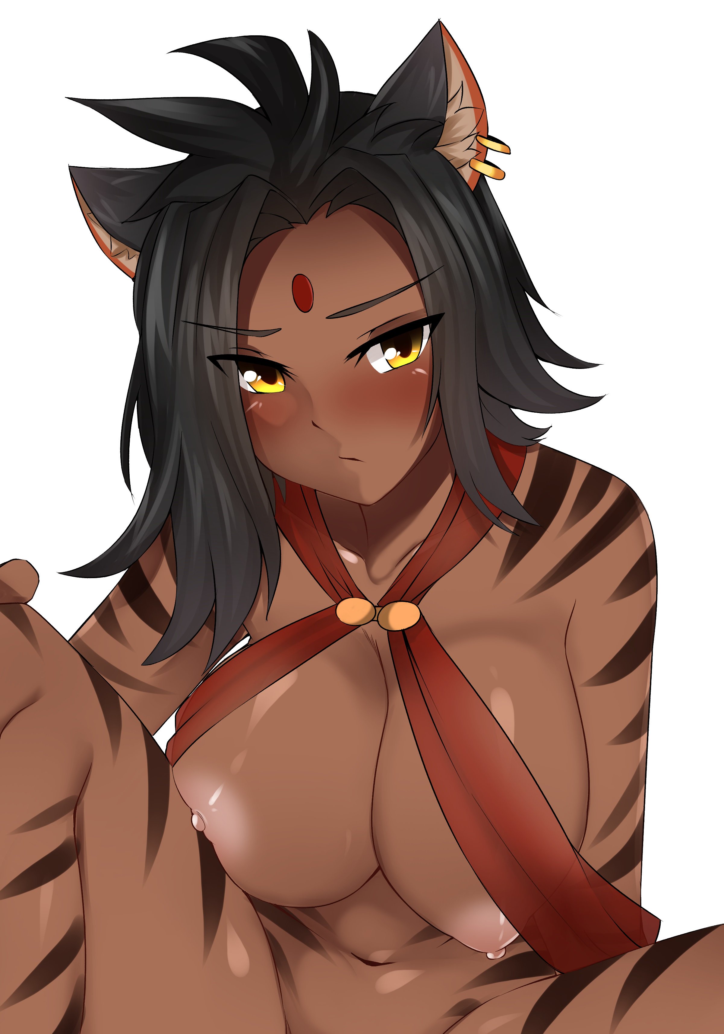 1girls, abs, animal ears, areolae, big breasts, black hair, blush, breasts, brown stripes, brunette, cat ears, cat eyes, cat girl, catgirl, dark skin, dark-skinned female, ear fluff, erect nipples, faunus, female, female only, inviting to sex, large breasts, looking at viewer, nipples, nude, rwby, short hair, shy, sienna khan, slim, slit eyes, solo, solo female, stripes, tiger girl, yellow eyes, z666ful