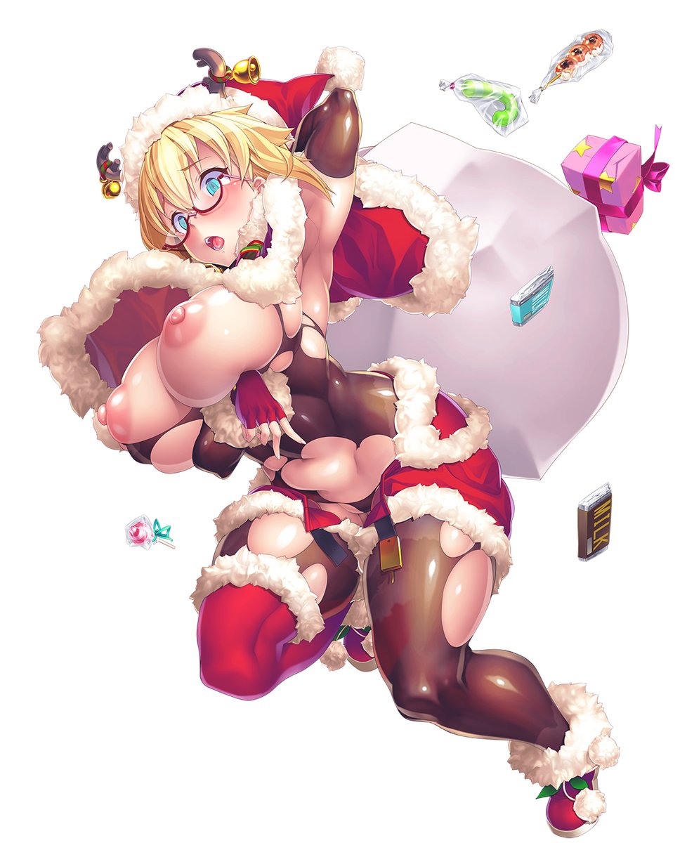 big_breasts blonde_hair blue_eyes bodysuit large_breasts lilith-soft potion_(moudamepo) santa_costume shinohara_mari taimanin_(series) taimanin_asagi taimanin_rpgx thick_thighs torn_clothes wide_hips