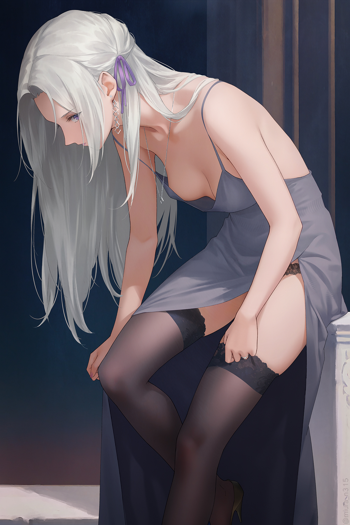1girls, bare arms, bare shoulders, black panties, black thighhighs, breasts, brown shoes, brown thighhighs, cleavage, collarbone, downblouse, dress, earrings, edelgard von hresvelg, female, fire emblem, fire emblem: three houses, grey dress, hair ribbon, hanging breasts, high heels, highres, indoors, jewelry, lace trim, long hair, looking at viewer, miura-n315, necklace, no bra, off shoulder, panties, purple eyes, ribbon, shoes, side slit, small breasts, solo, spaghetti strap, thighs, underwear, very long hair, white hair