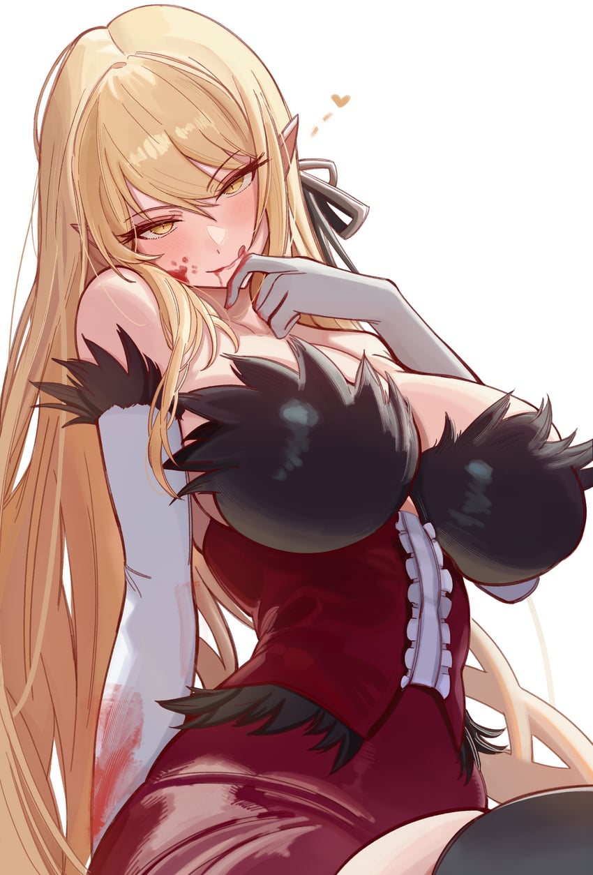 0nineo9, 1girls, absurd res, bare shoulders, blond hair, blood, blood on clothing, blood on face, breasts, cleavage, dress, female only, gloves, heart, highres, huge breasts, impossible clothes, kiss-shot acerola-orion heart-under-blade, licking lips, looking at viewer, monogatari (series), oshino shinobu, pointy ears, seductive look, solo, solo focus, strapless, strapless dress, tongue, tongue out, vampire, white gloves, yellow eyes