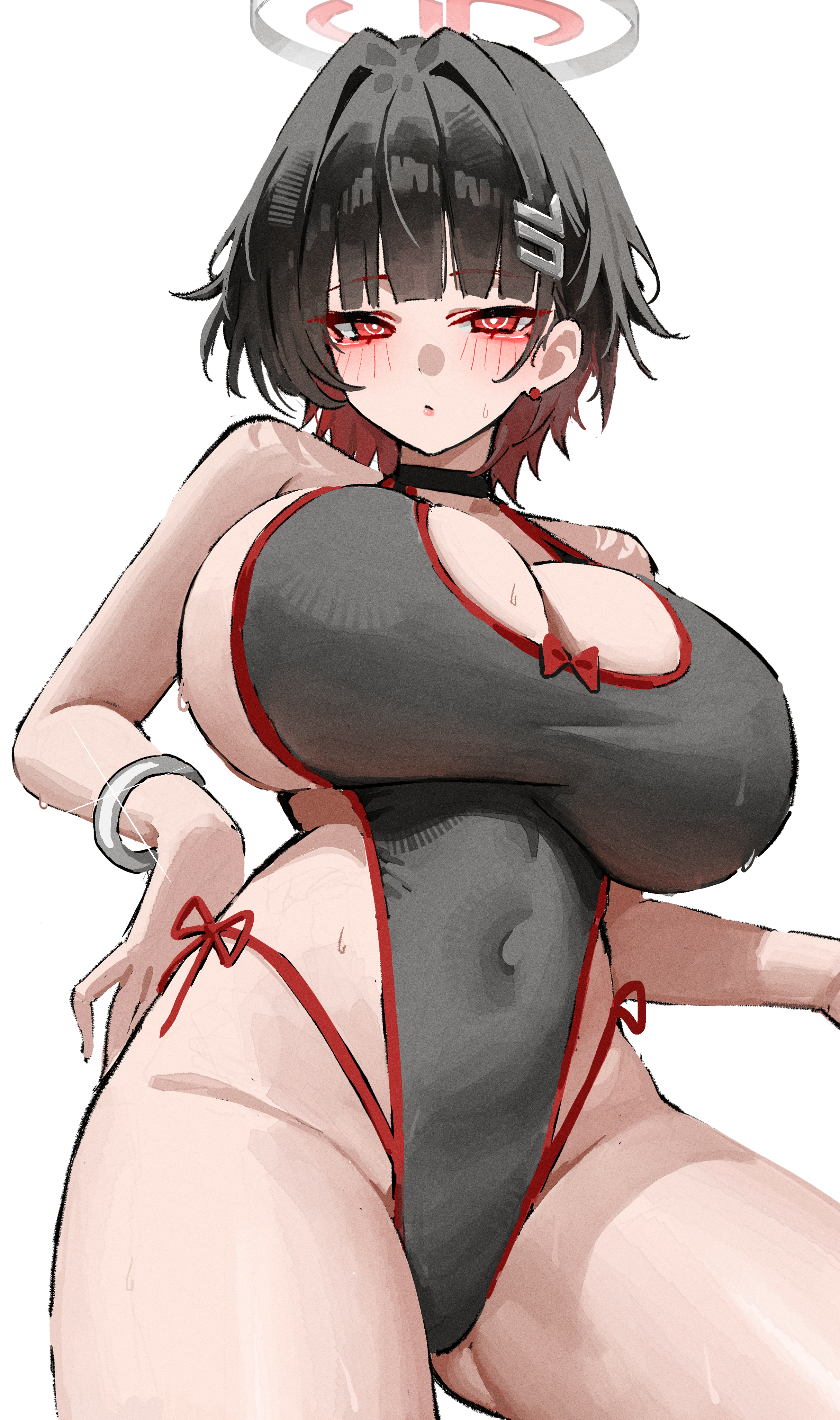 1girl, 1girls, absurdres, alternate hairstyle, bangle, big breasts, black halo, blue archive, blunt bangs, blush, bracelet, breasts, bright pupils, choker, cleavage, commentary, covered navel, ear piercing, female, female only, groin, hair ornament, hairclip, halo, highres, huge breasts, jewelry, kono (xerondan321), large breasts, leotard, light-skinned female, looking at viewer, piercing, red eyes, rio (blue archive), short hair, sideboob, solo, thighs, white pupils