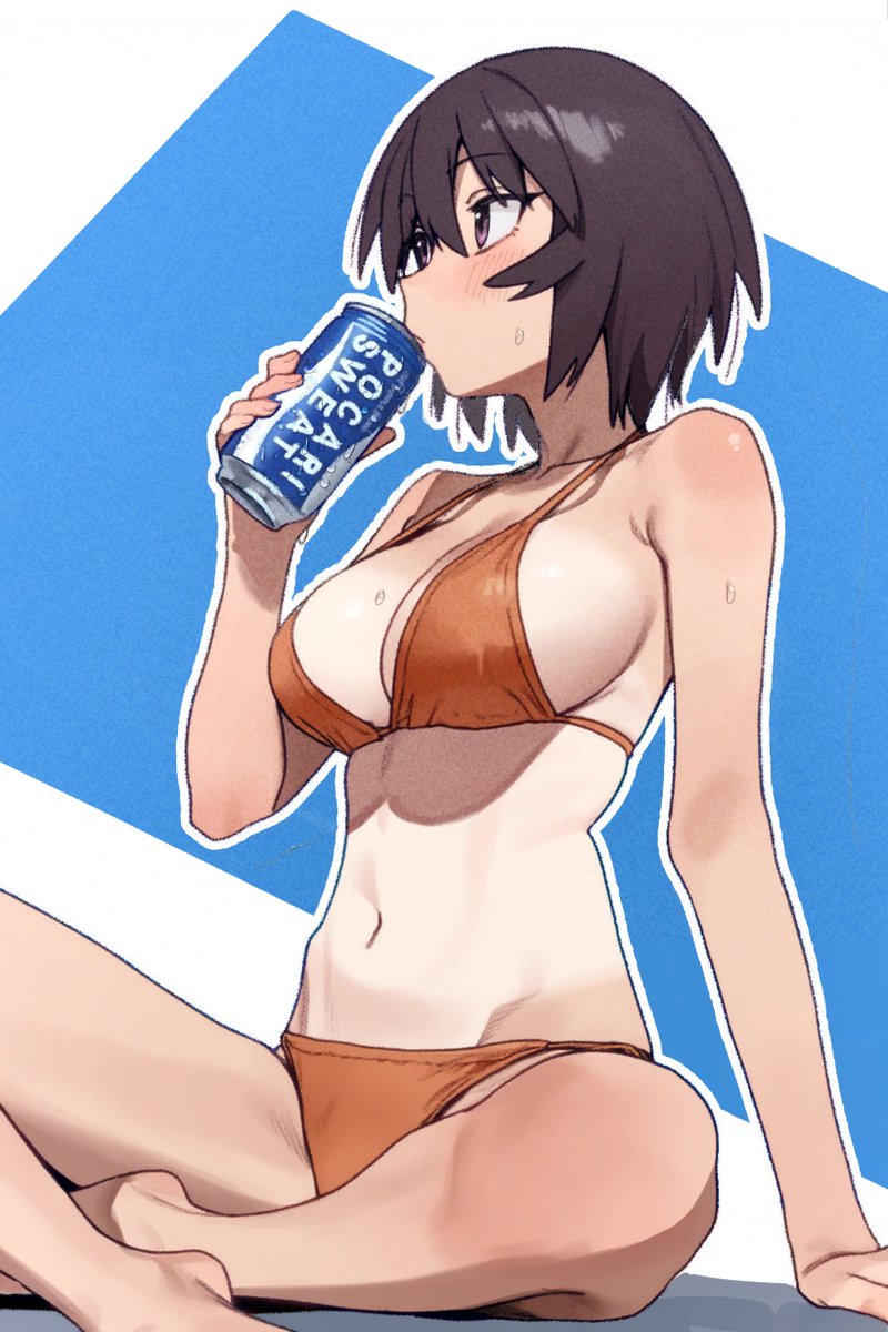 azumanga daiou, big breasts, brown hair, drinking, kagura (azumanga daiou), pocari sweat, solo female, tan body, teenager