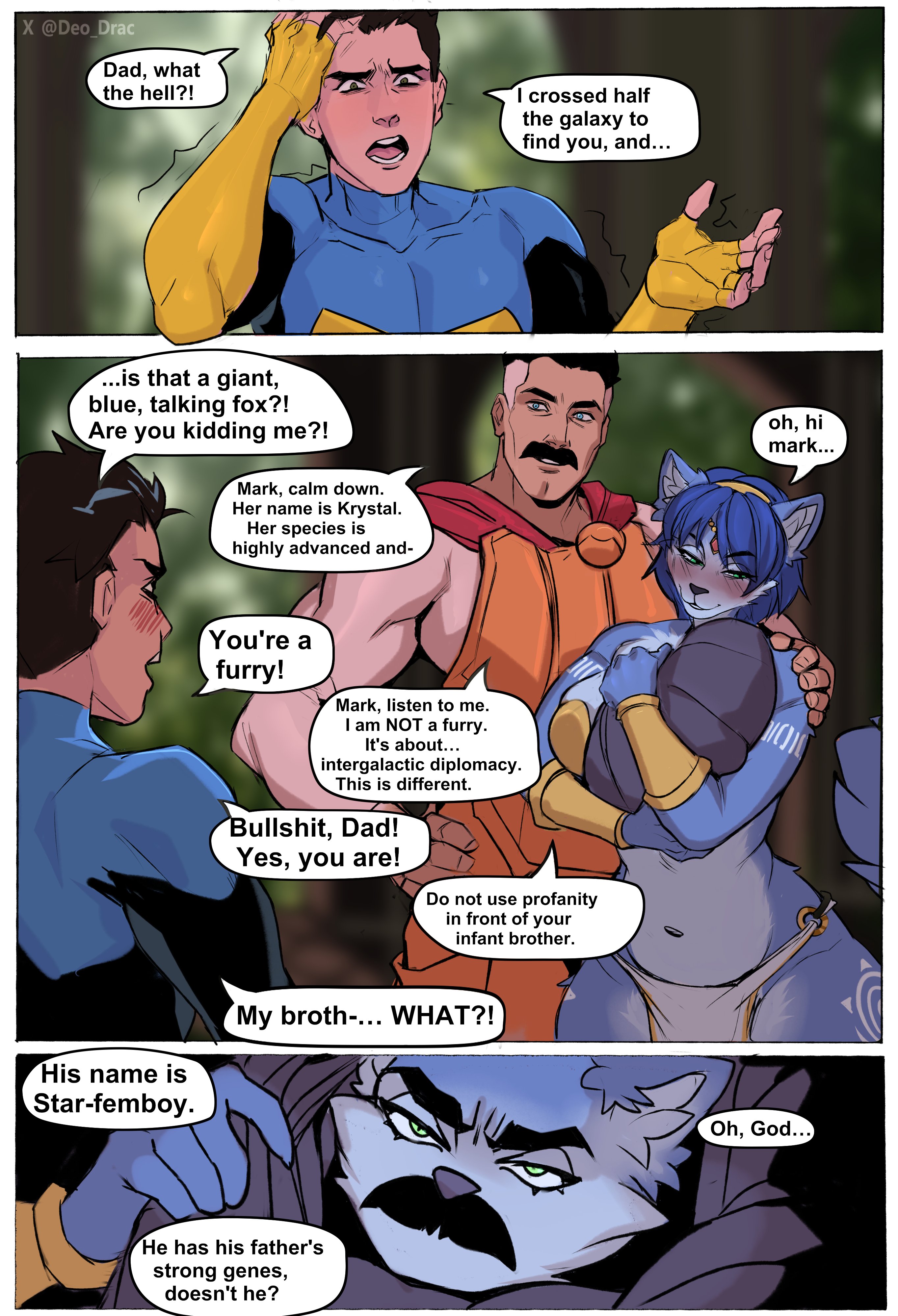 1girls, 2026, 3boys, anthro, anthro female, anthro male, big breasts, black hair, blue eyes, blue hair, blush, blushing, blushing female, breasts, bursting breasts, comic, crossover, curvaceous, curvaceous body, curvaceous female, curvaceous figure, curvaceous hips, curvy, curvy body, curvy female, curvy figure, curvy hips, deodrac, dialogue, eastern and western character, female, fox ears, fox tail, furry, green eyes, hips, hourglass figure, huge breasts, invincible, invincible (superhero), krystal, krystal (star fox), large breasts, light skin, light-skinned male, lmao, male, mark grayson, massive breasts, miloff, no sex, nolan grayson, omni-man, seductive, seductive look, shirt, short hair, star fox, text, text bubble, thick, thick breasts, thick hips, thick thighs, voluptuous, voluptuous female, what if, wide hips