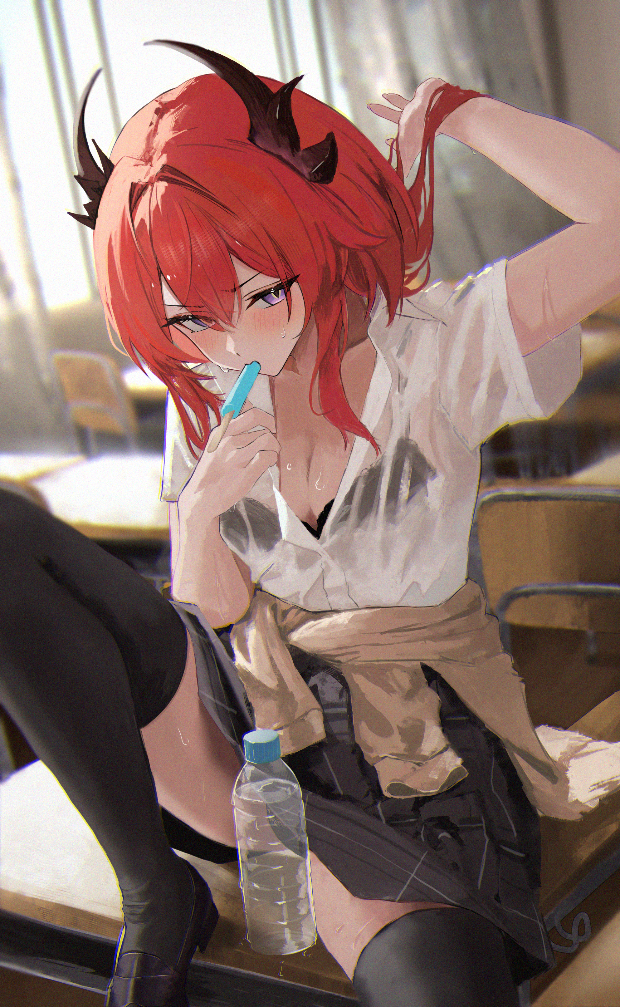1girls, absurd res, ai generated, alternate costume, arknights, arknights: endfield, black horns, black skirt, black thighhighs, blush, bra visible through clothes, breasts, classroom, cleavage, demon girl, demon horns, desk, food, food in mouth, hair between eyes, highres, horns, indoors, laevatain (arknights: endfield), looking at viewer, medium breasts, mzk yoru, on desk, popsicle, purple eyes, red hair, revision, school, school desk, shirt, shy, skirt, skirt lift, solo, surtr (arknights), sweat, thighhighs, wet, wet clothes, wet shirt, white shirt