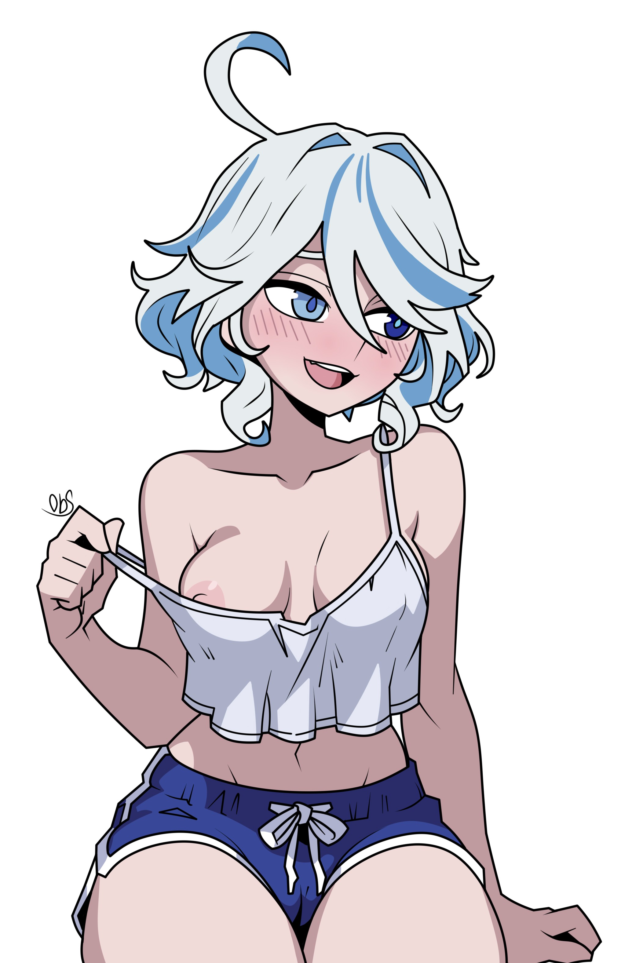 1girl, blush, blush lines, blushing, clothed, female, furina (genshin impact), genshin impact, heterochromia, nipples, obsessed, shorts, small breasts, smile, solo, solo female