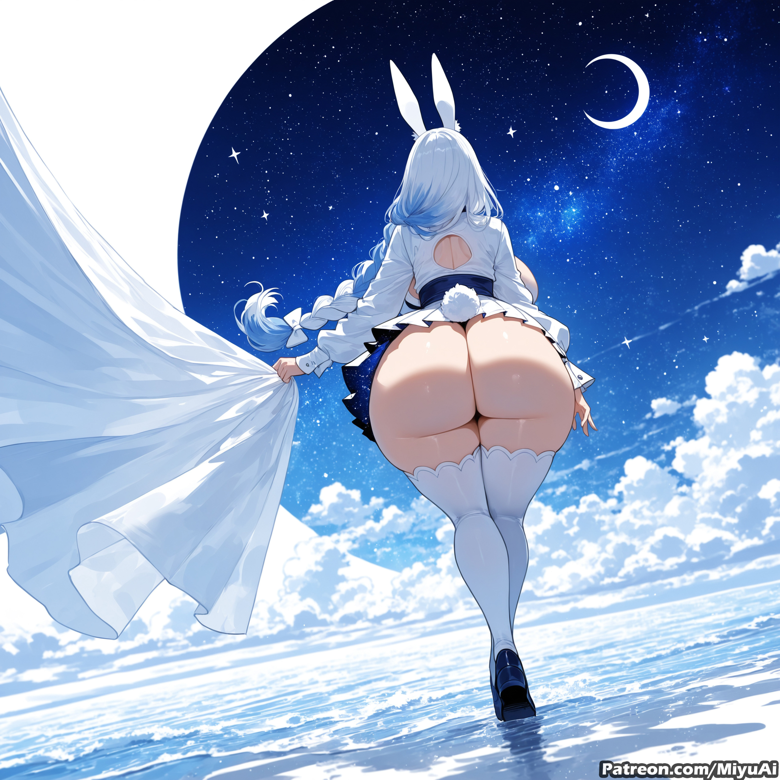 1girl, ai assisted, ai generated, animal ears, ass, beach, blue hair, braid, breasts, bunny tail, curvaceous, curvy, curvy female, curvy figure, facing away, female, from behind, full body, hololive, long braid, long hair, mature female, milf, miyuai, multicolored hair, night, night sky, no panties, ocean, pekomama, shooting star, skirt, sky, solo, space, standing, star (sky), star (symbol), starry background, starry sky, tail, thick, thick ass, thick butt, thick hips, thick legs, thick thighs, thighhighs, thighs, usada pekora, virtual youtuber, voluptuous, voluptuous female, wide hips, wide thighs