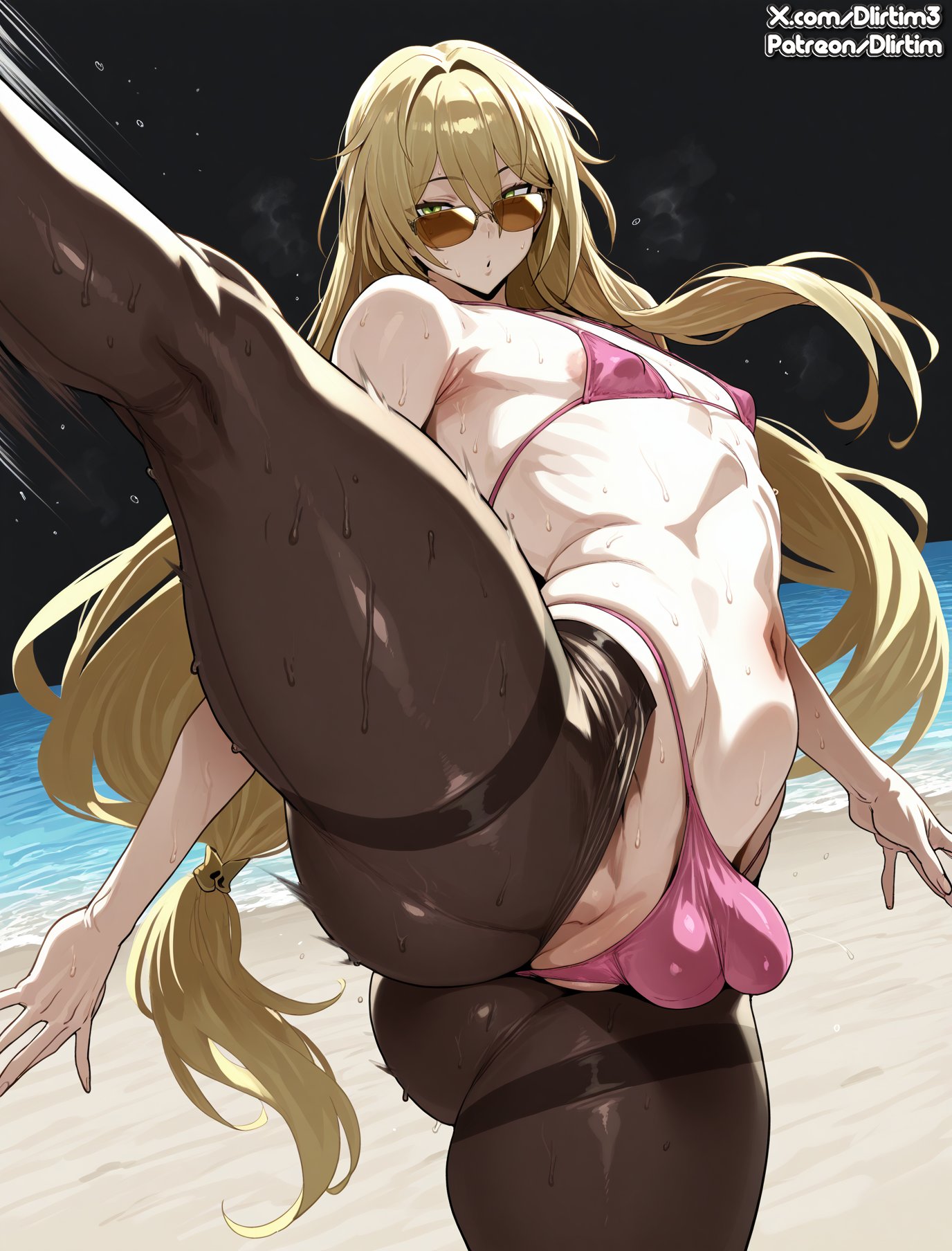 1boy, ai generated, androgynous, belly, belly button, big ass, bikini, bikini top, blonde, blonde hair, blonde-haired male, bulge, curvaceous, curvaceous ass, curvaceous body, curvaceous figure, curvaceous hips, curvaceous male, curves, curvy, curvy body, curvy figure, curvy hips, dlirtim (artist), fat ass, fat butt, femboy, femboy only, femboysub, feminine, feminine body, feminine faced male, feminine male, feminine pose, feminization, feminized male, flaccid, flaccid cock, flaccid penis, girly, glasses, hormone breasts, juicy ass, juicy butt, juicy thighs, large ass, legs apart, long hair, looking at viewer, male, male focus, male only, meaty ass, meaty butt, meaty dick, one leg up, pale skin, pale-skinned femboy, pale-skinned male, pose, posing, sissification, sissy, sissyfication, slim waist, small penis, small waist, solo, sunglasses, sweat, sweatdrop, sweating, sweaty, sweaty body, thick, thick ass, thick hips, thick legs, thick thighs, thighs, tiny penis, tiny waist, voluptuous, voluptuous body, voluptuous femboy, voluptuous male, wide hips, yaoi