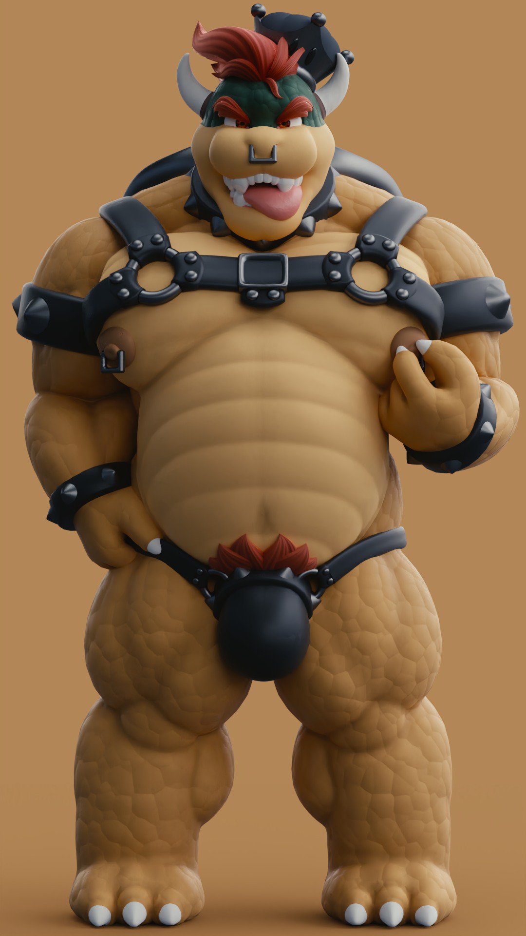 1boy bdsm_gear bowser brown_background bulge cock_ring dukesmith3d full_body harness looking_at_viewer male male_only mario_(series) nintendo nipple_piercing nipple_tweak nipples nose_piercing open_mouth pubic_hair simple_background solo standing teeth tongue tongue_out