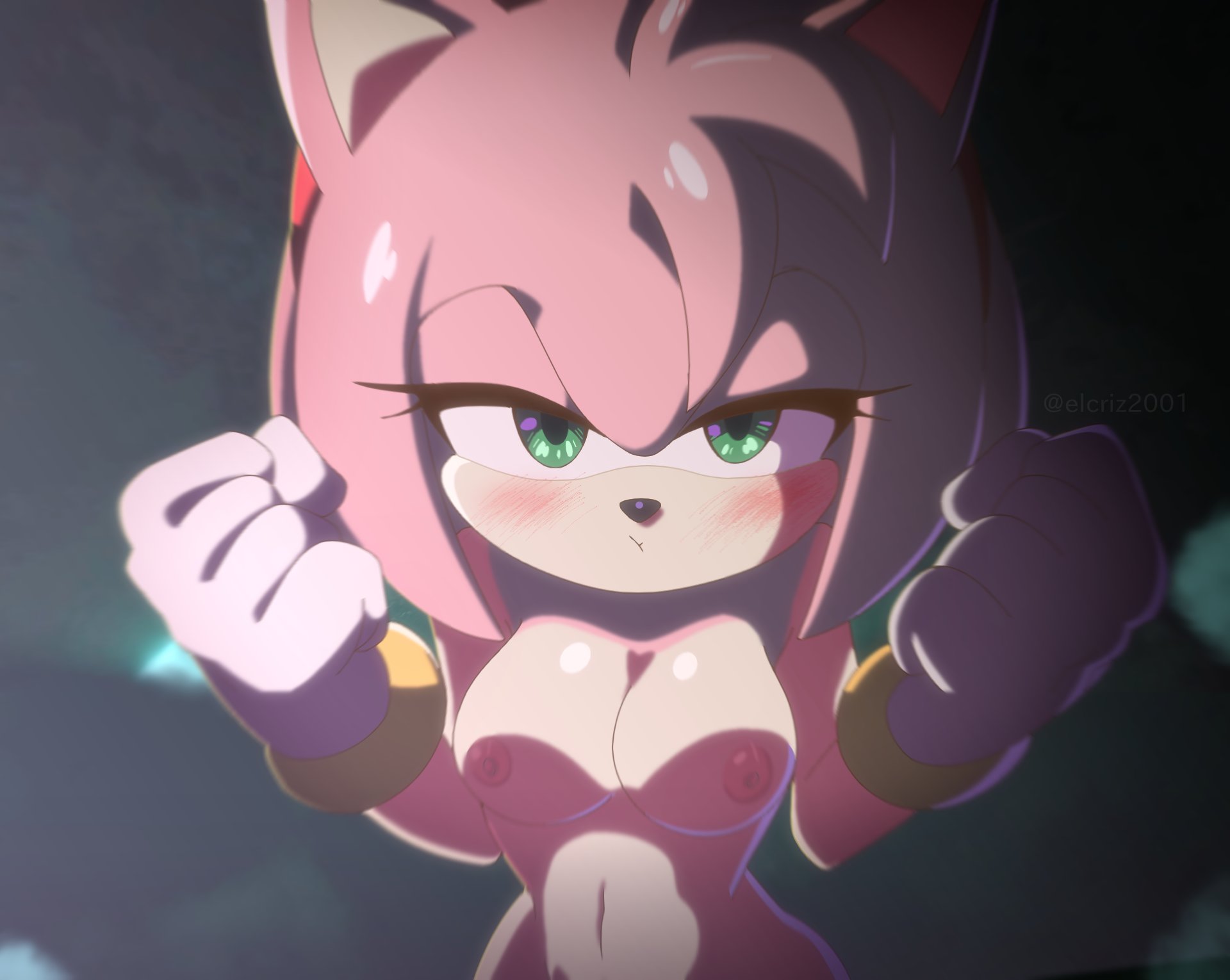 1girls, 4:3 aspect ratio, amy rose, angry expression, angry eyes, animal humanoid, anime style, bare arms, bare shoulders, bared breasts, blue eyes, blushing, brown nipples, cave, dark nose, diadem, elcriz2001, exposed breasts, exposed nipples, exposed shoulders, exposed torso, eyelashes, female focus, fighting pose, fighting stance, full body, fully naked, fully nude, furry, furry body, furry breasts, furry female, gigantic breasts, gloved hands, gloves, green eyes, light body, light skin, light-skinned female, naked, naked female, nipples outside, pink body, pink hair, pink skin, pov, pov eye contact, ring, short hair, sonic the hedgehog (series), tagme