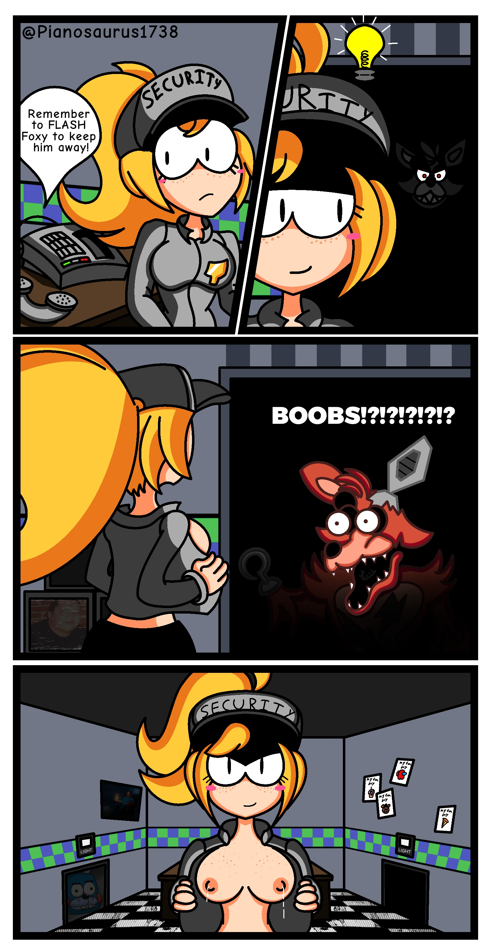 1boy, 1girl, 1girls, 2d, 2d (artwork), 5am at freddy's, areolae, aroused face, blonde hair, breast milk, breast milk squirt, breasts, breasts out, dialogue, female, five nights at freddy's, five nights at frickbears, five nights at frickbears 3, flashing, flashing breasts, fnaf2 location, freckles, freckles on breasts, idea, idea bulb, lactating, lactation, meme, meme in the background, meme reference, nipples, phone guy (fnaf), piano1738, security guard, smiling at partner, toy bonnie (fnaf), turned around, vanessa (fnaf), vanessa (frickbears), vanessa shelley (frickbears), watermark, withered foxy