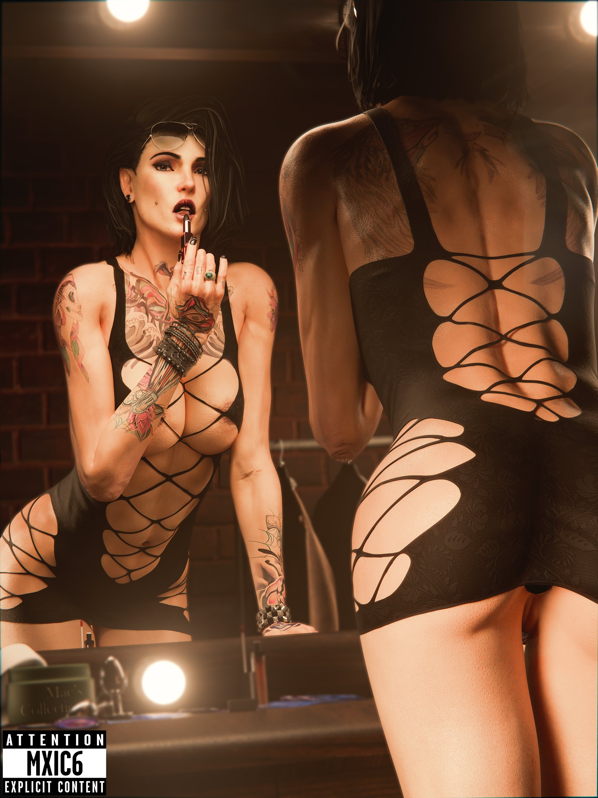 1girls, 3d, ass, big ass, big breasts, black hair, breasts, clara lille, female, female only, lipstick, mirror, mxic6, nipples, solo, tattoo, ubisoft, watch dogs