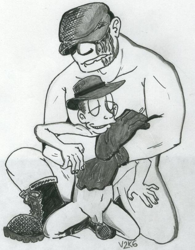 2boys biting_own_lip closed_eyes dark_horse drunk embracing embracing_another facial_scar flaccid_penis franky gay gloves hat male male_only naked_boots size_difference small_penis spread_legs tagme the_goon v2k6 yaoi