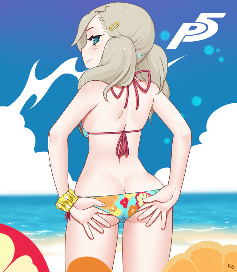 1girls, ann takamaki, ann takamaki (swimsuit), ass, back view, beach, bikini, blue eyes, female, female only, human, kuroonehalf, looking back, outdoors, persona, persona 5, shin megami tensei, smooth skin, solo, swimsuit