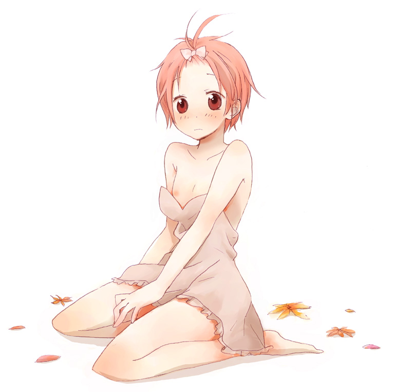 blush breasts dress flat_chest hair_ribbon hair_ribbons kneeling kuzuryu_momoko kuzuryuu_momoko momoko_kuzuryu nipple_slip nipples pink_hair ribbon ribbons saya_(sayaz) short_hair simple_background strapless strapless_dress sumomomo_momomo