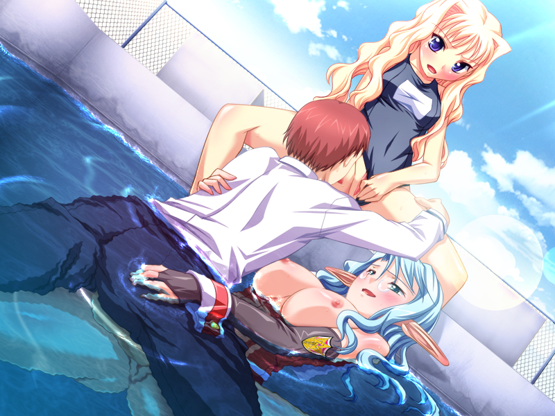 blonde_hair blue_eyes blue_hair blush bottomless cleo_cragganmore female game_cg harem_party male multiple_girls penis pool pussy sex sofisutia_gushigusu straight swimsuit uncensored vaginal_penetration water wet